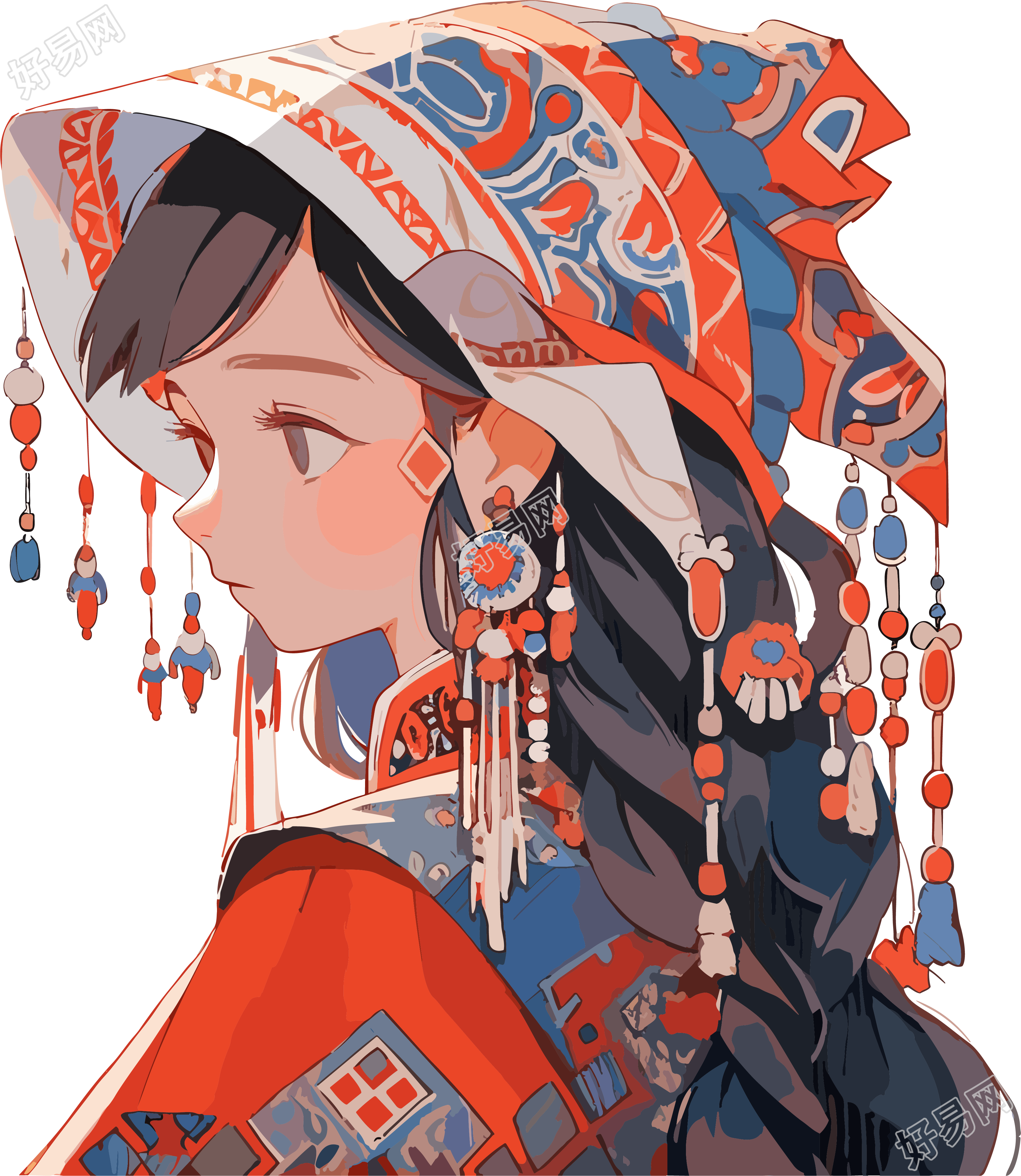 传统珠宝女孩头饰当代民俗色彩图素材