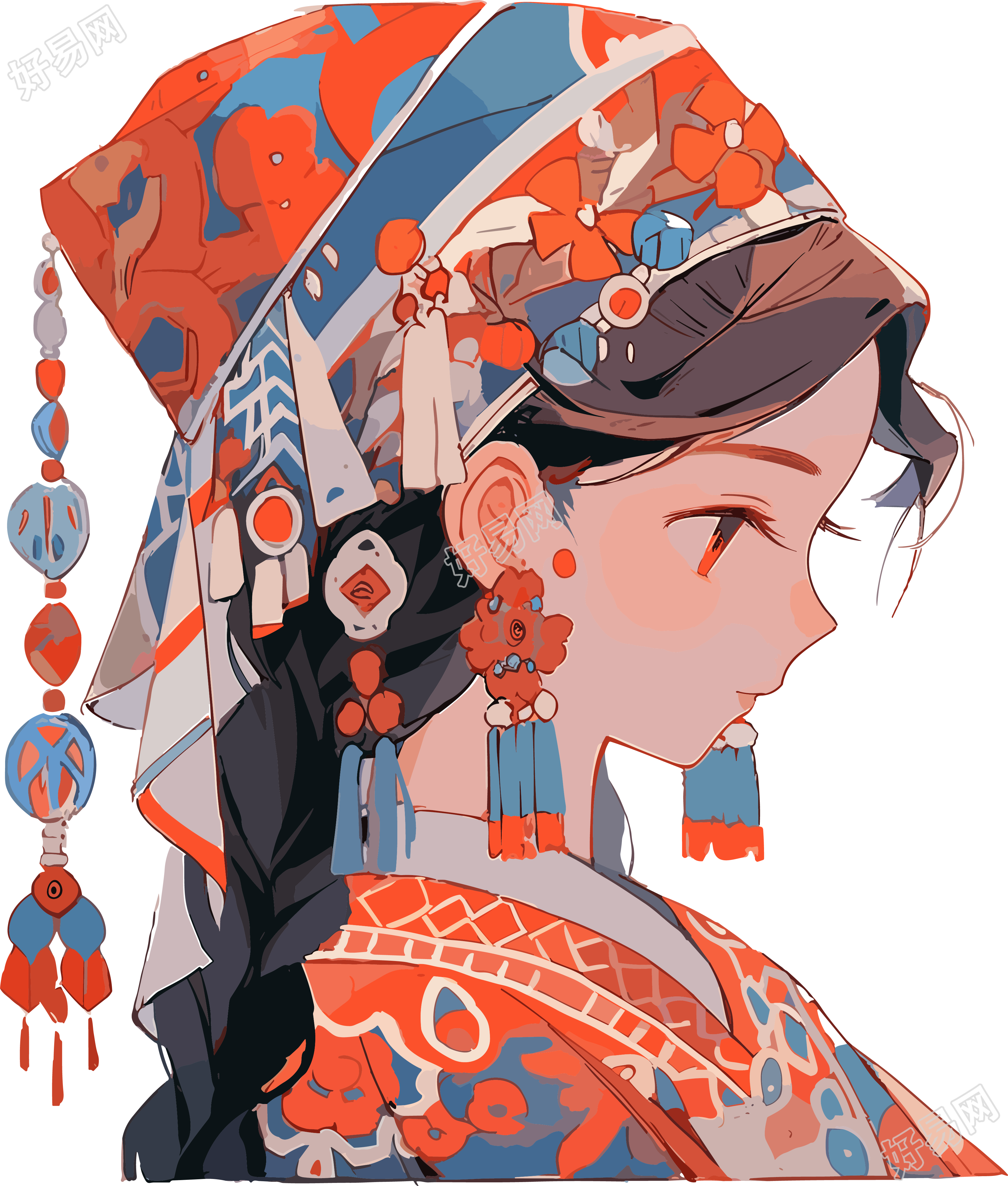 传统女子穿戴传统珠宝的当代中国艺术作品