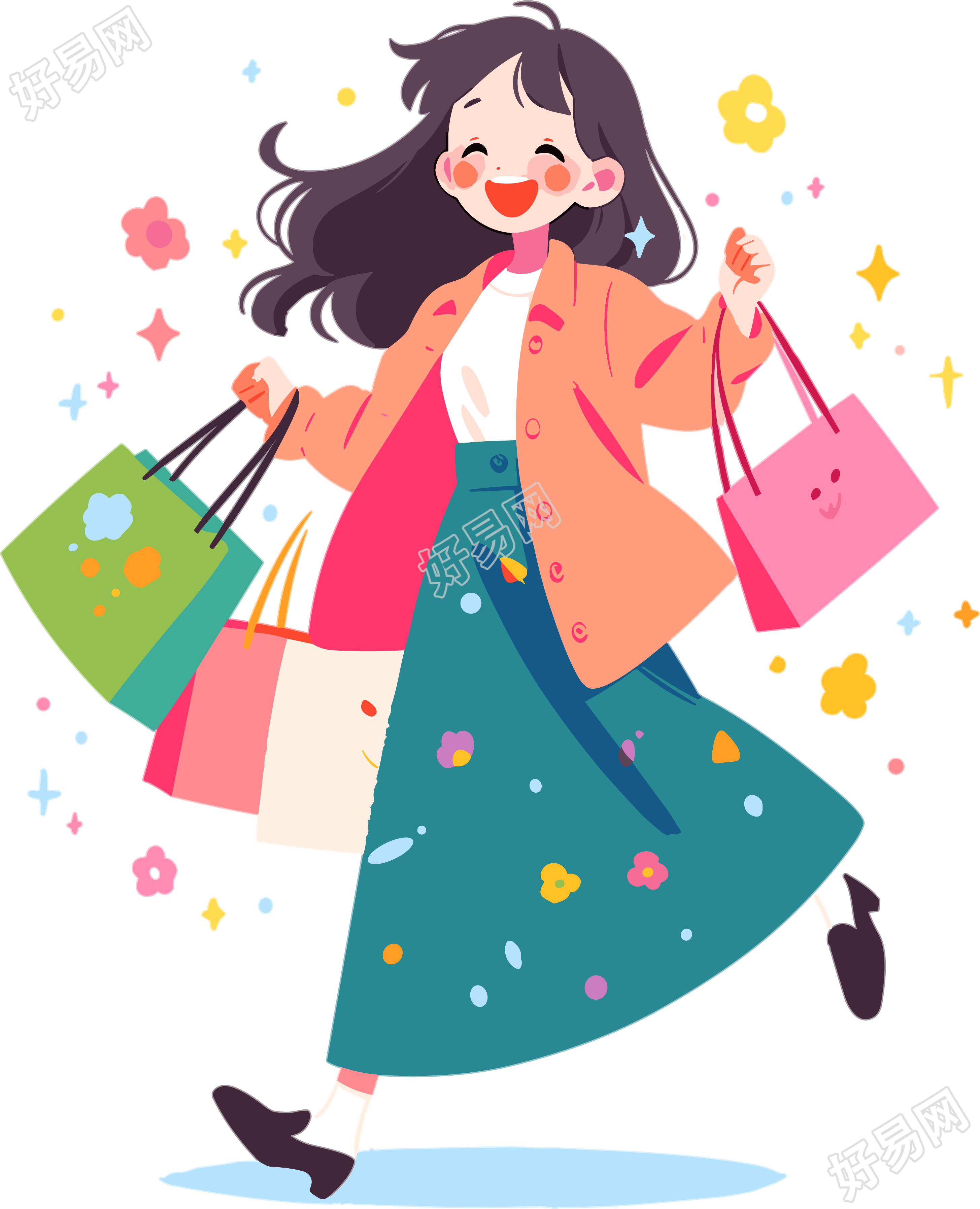 女性购物愉快的2D图形插画