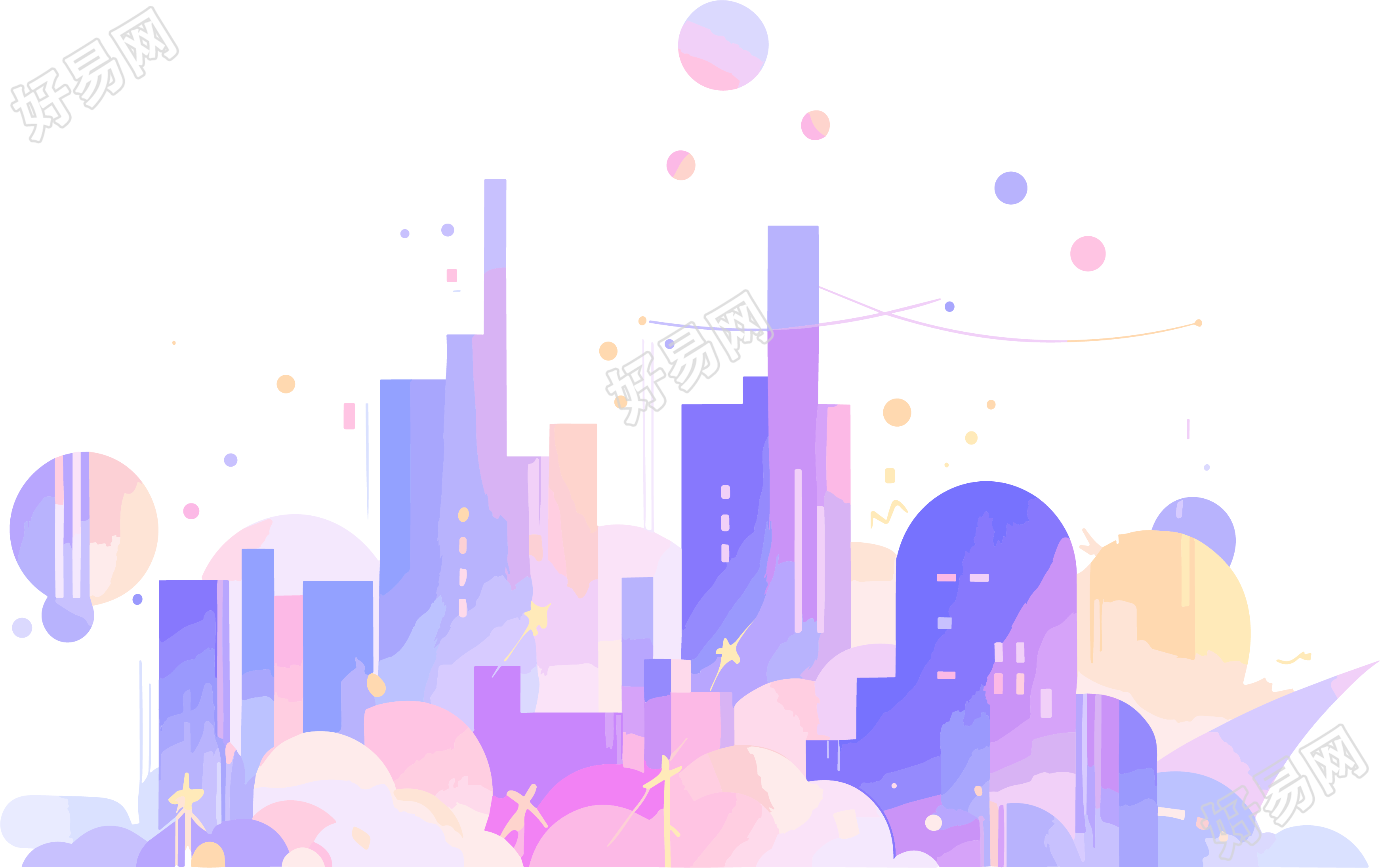 星光闪闪的紫色城市剪影插画设计素材