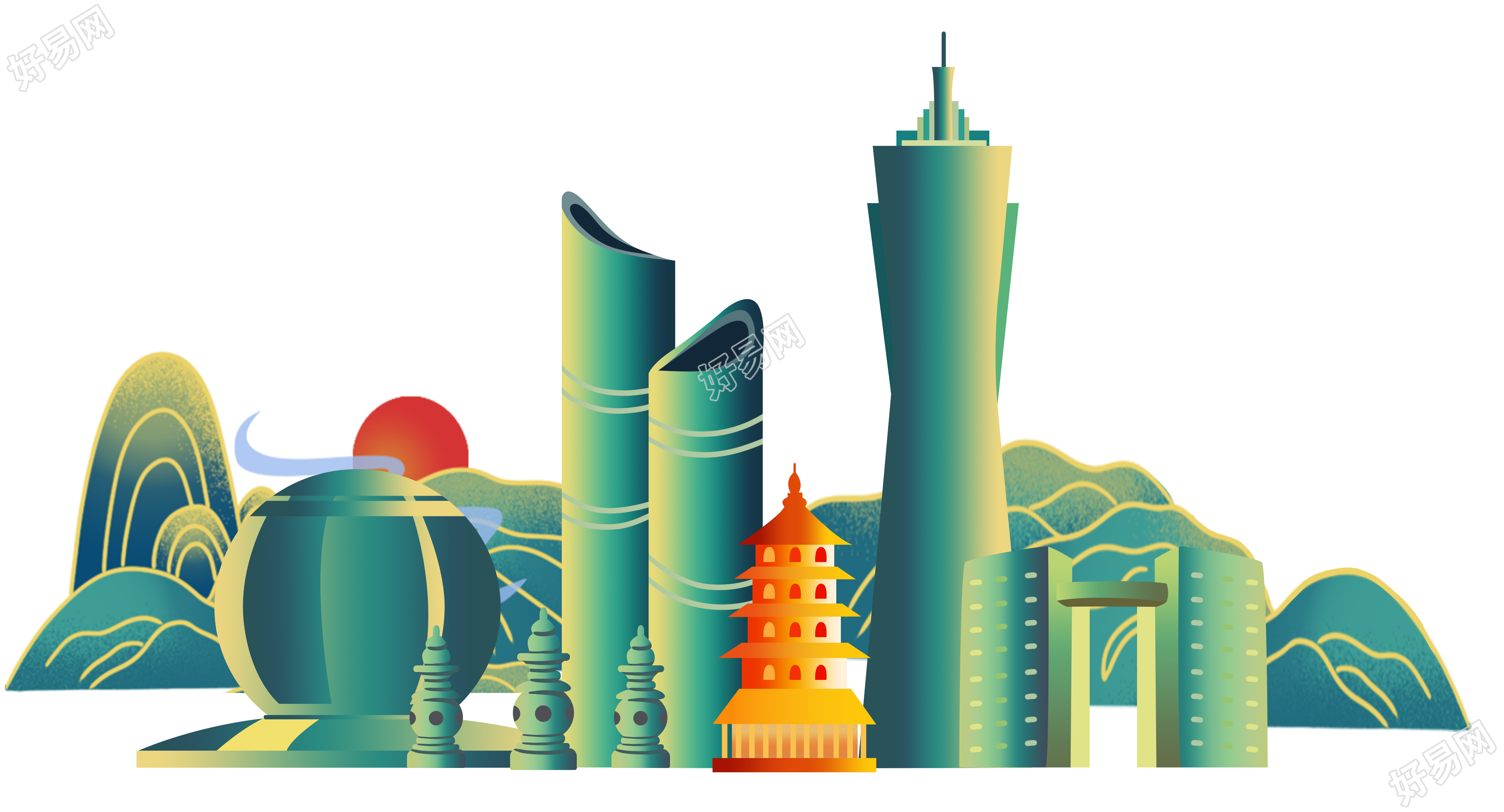 国潮风杭州城市建筑PNG插画