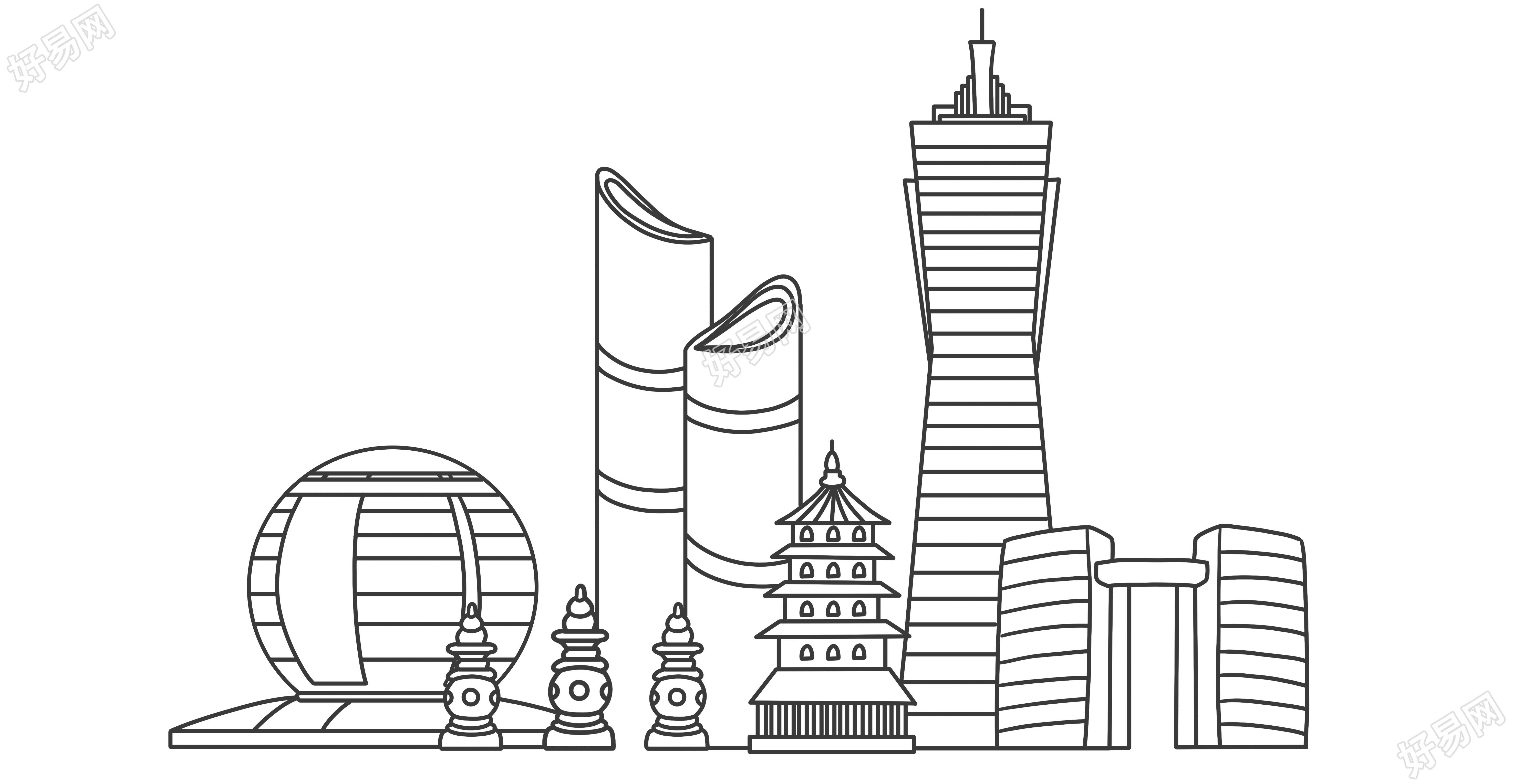 透明背景杭州建筑粗线条手绘插画