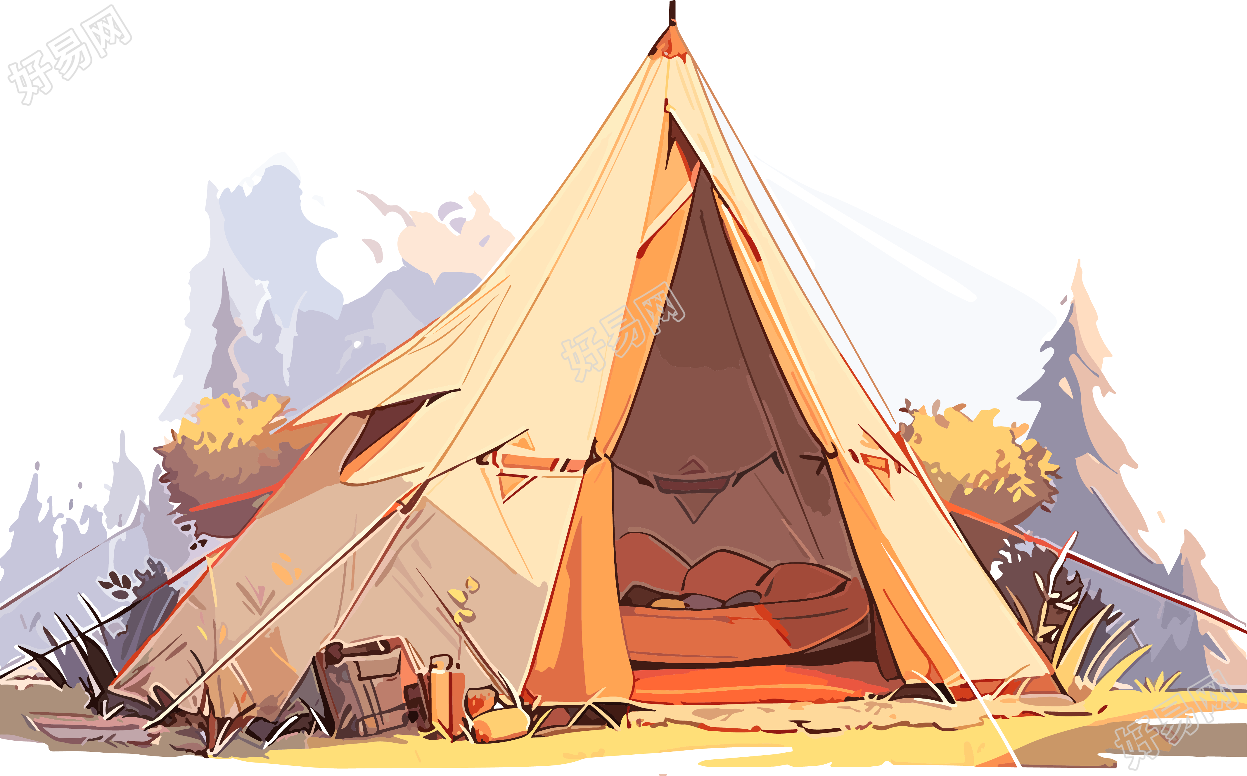 扁平手绘插图野营帐篷素材