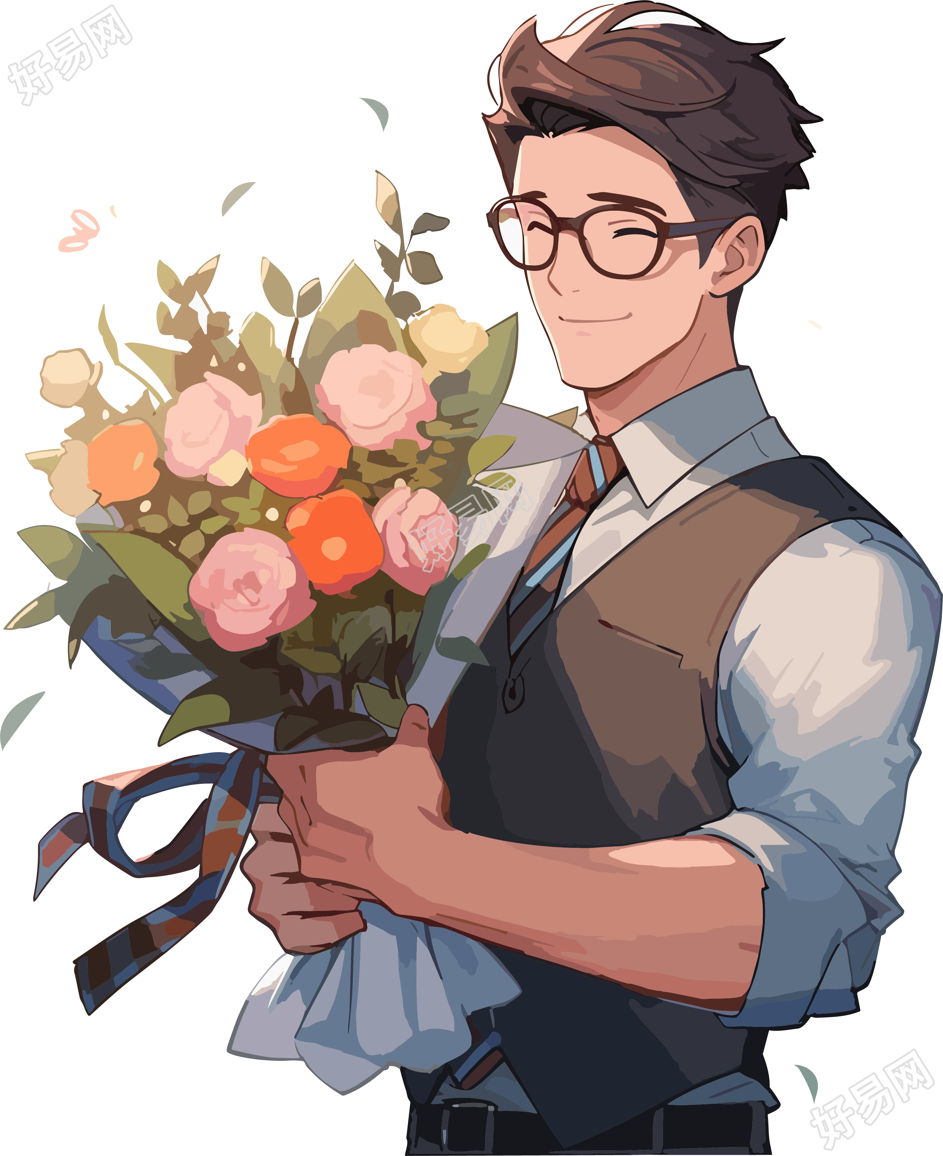 男老师和花束手绘插图