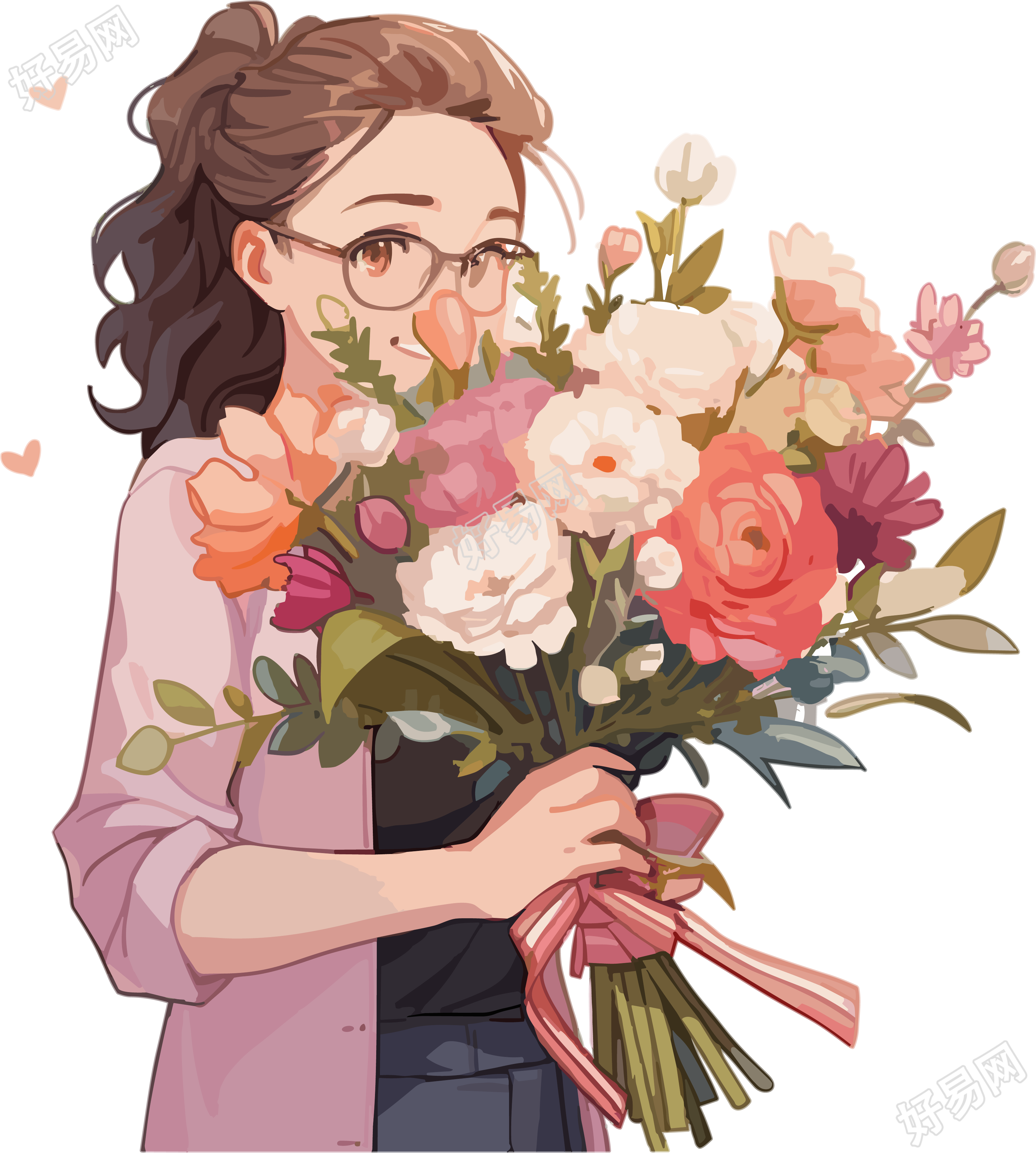 美女老师手拿鲜花手绘插画