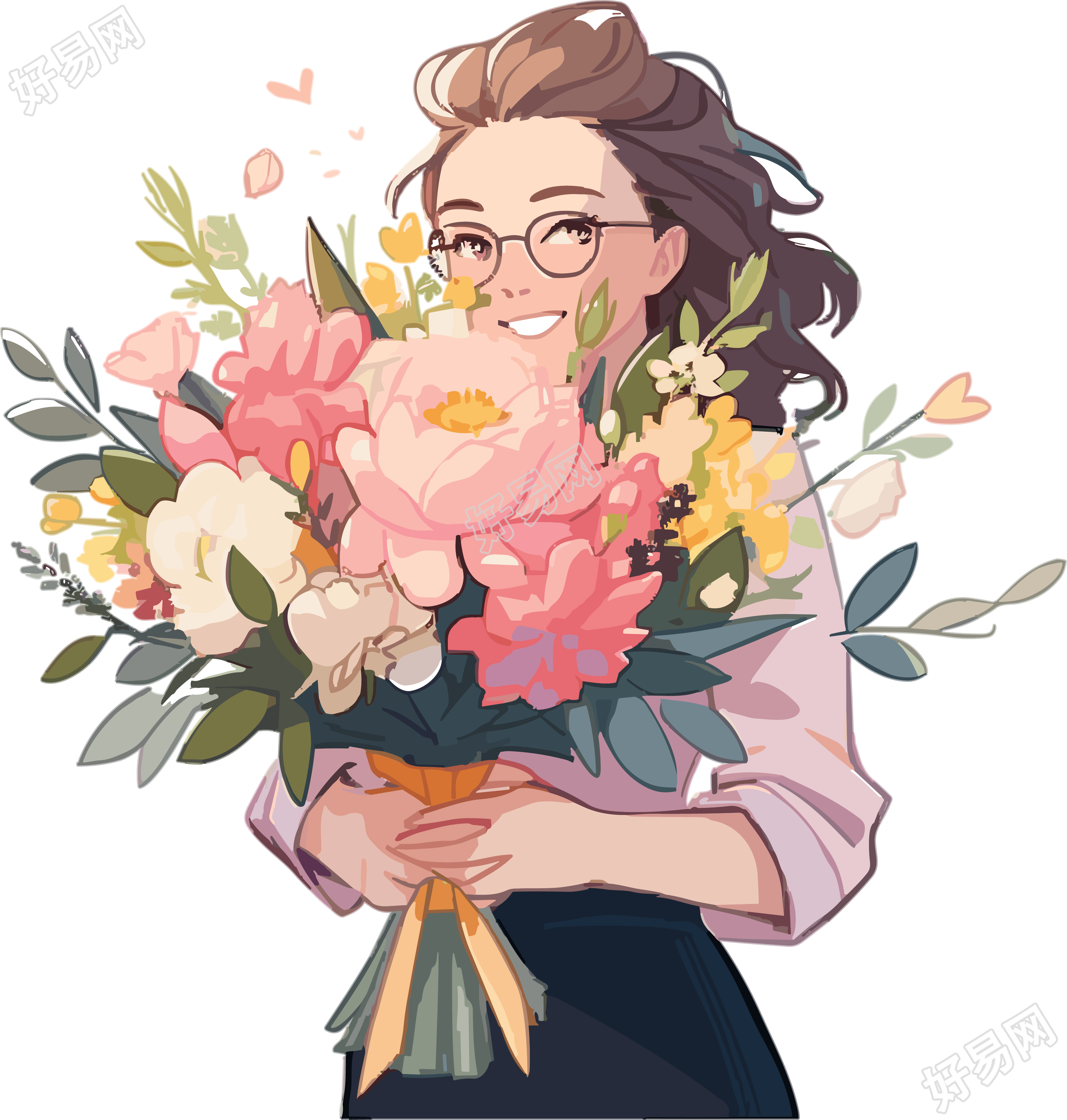 商业插图美女老师和鲜花PNG素材