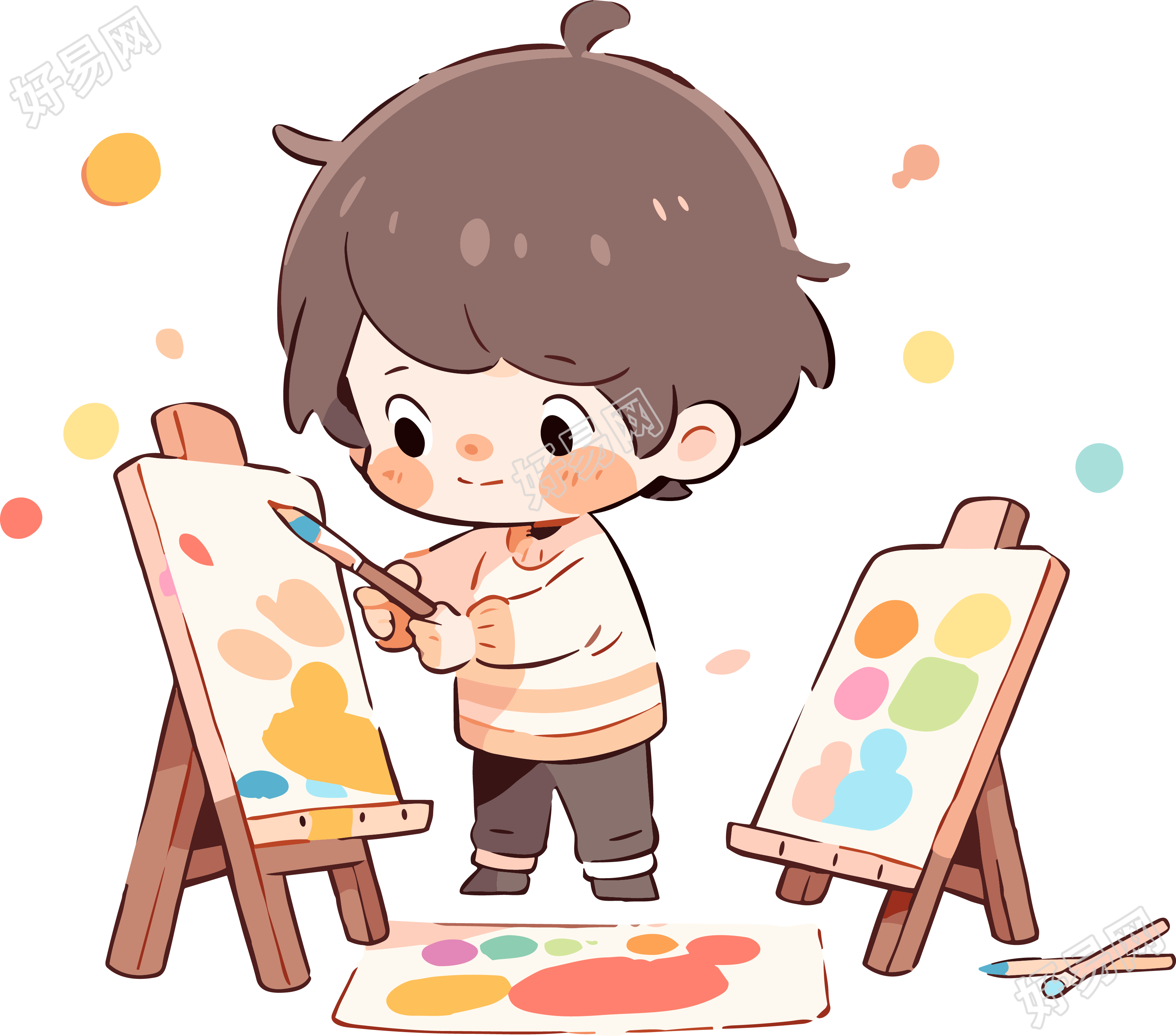 简笔画小男孩画画商用素材