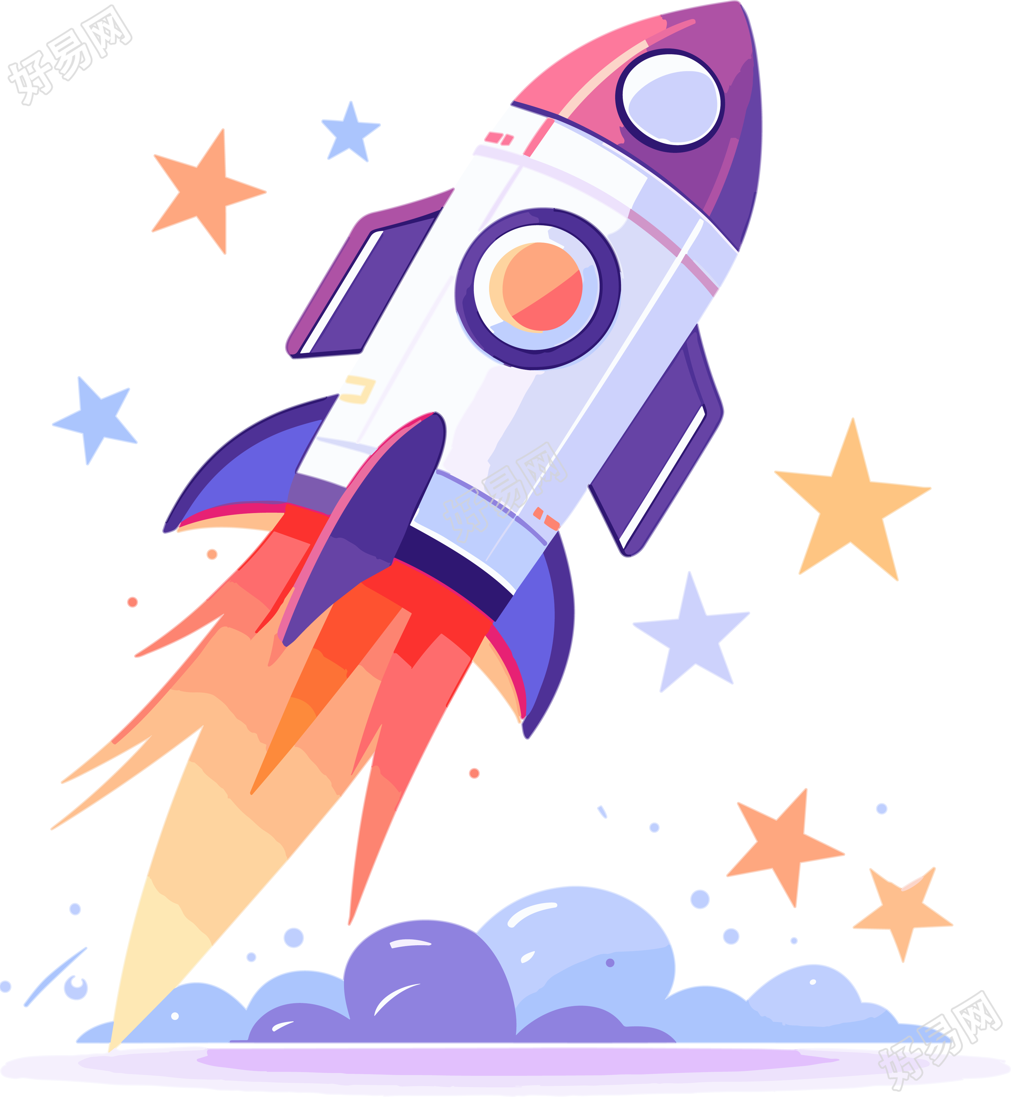 火箭和星星卡通矢量扁平插画