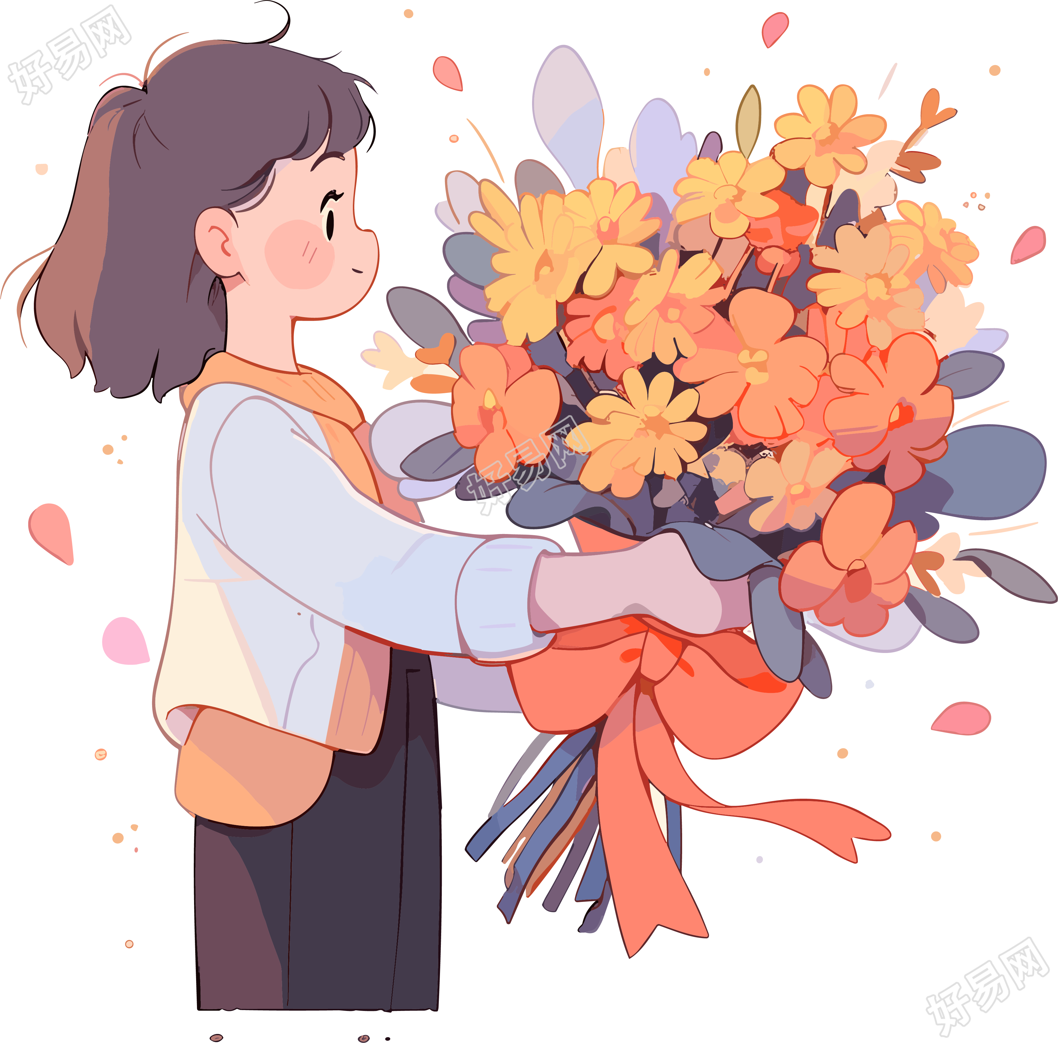 卡通老师手拿鲜花手绘插图