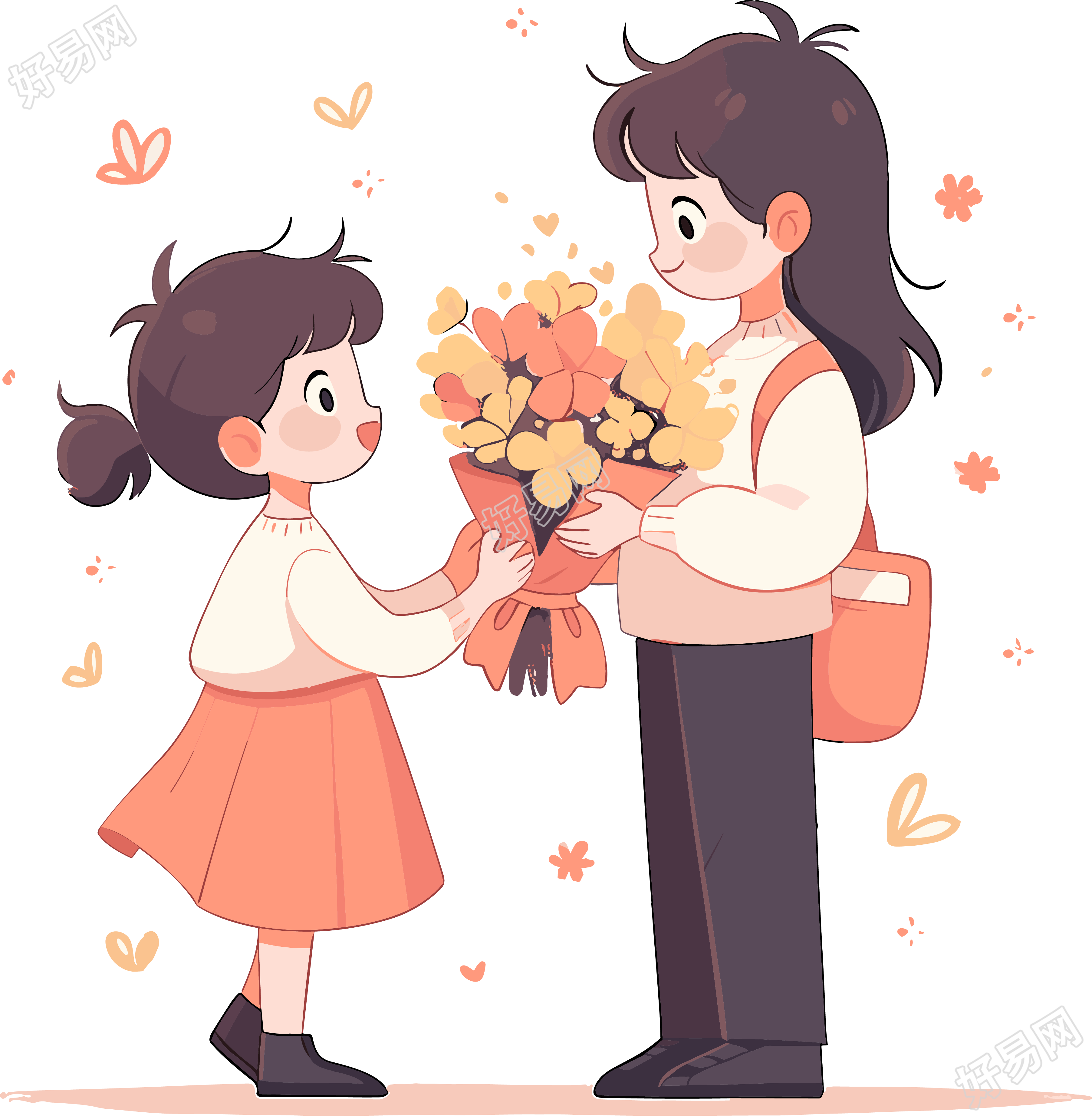 手绘插画学生送花PNG素材