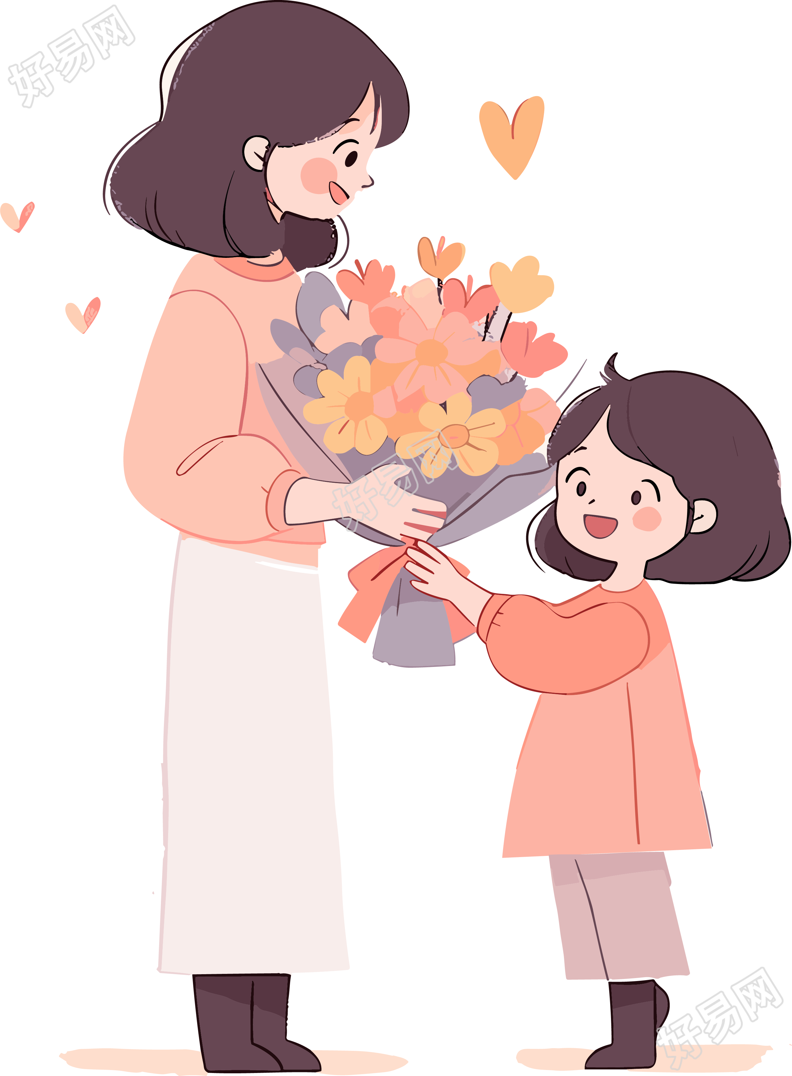 孩子送花给老师的扁平插画