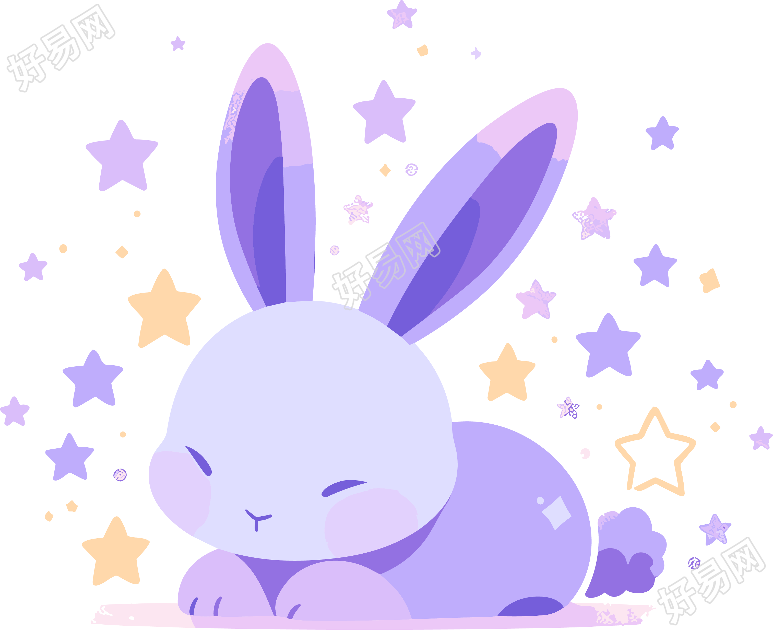 星星陪伴的紫色兔子卡通素材