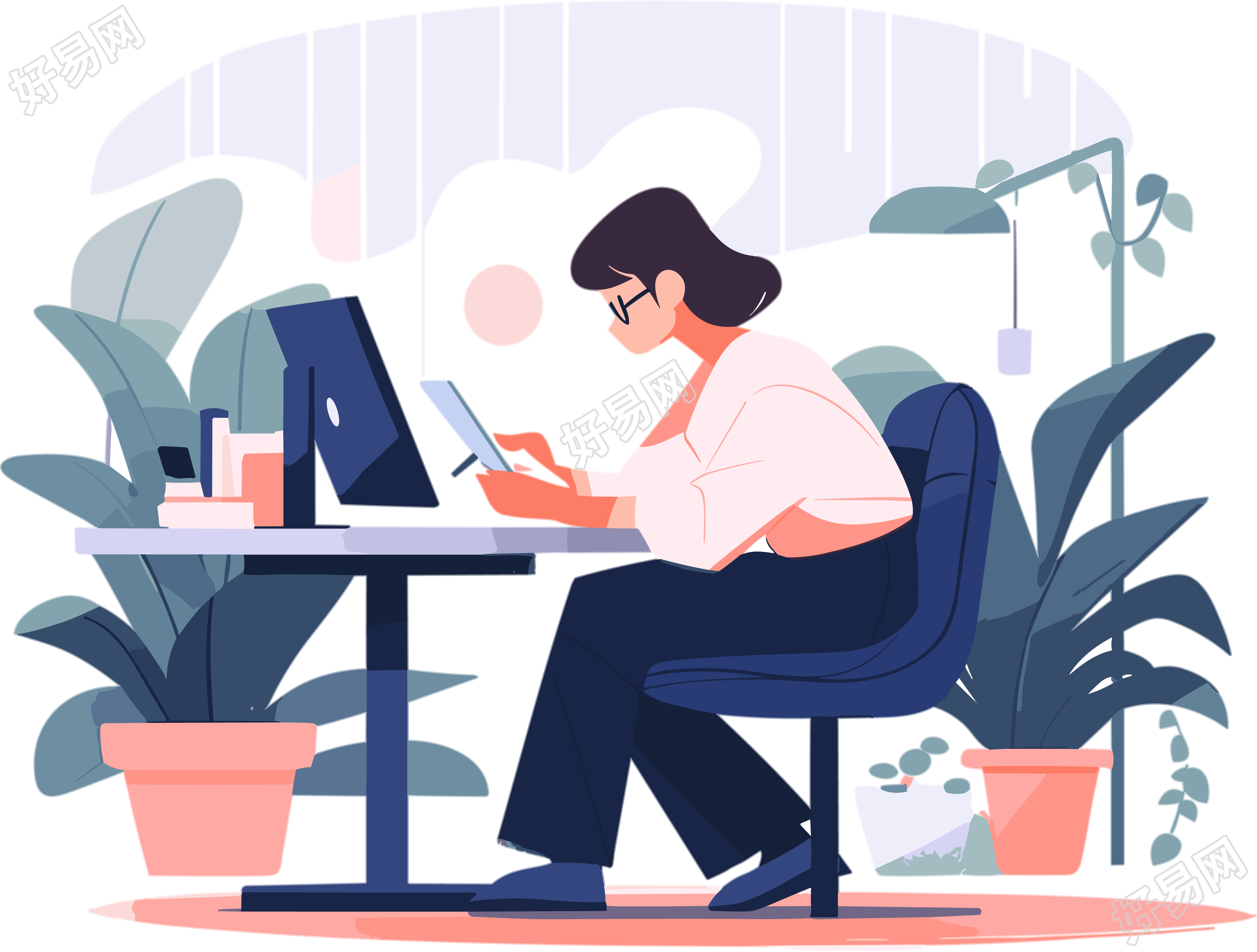 认真上班的女生商务插画