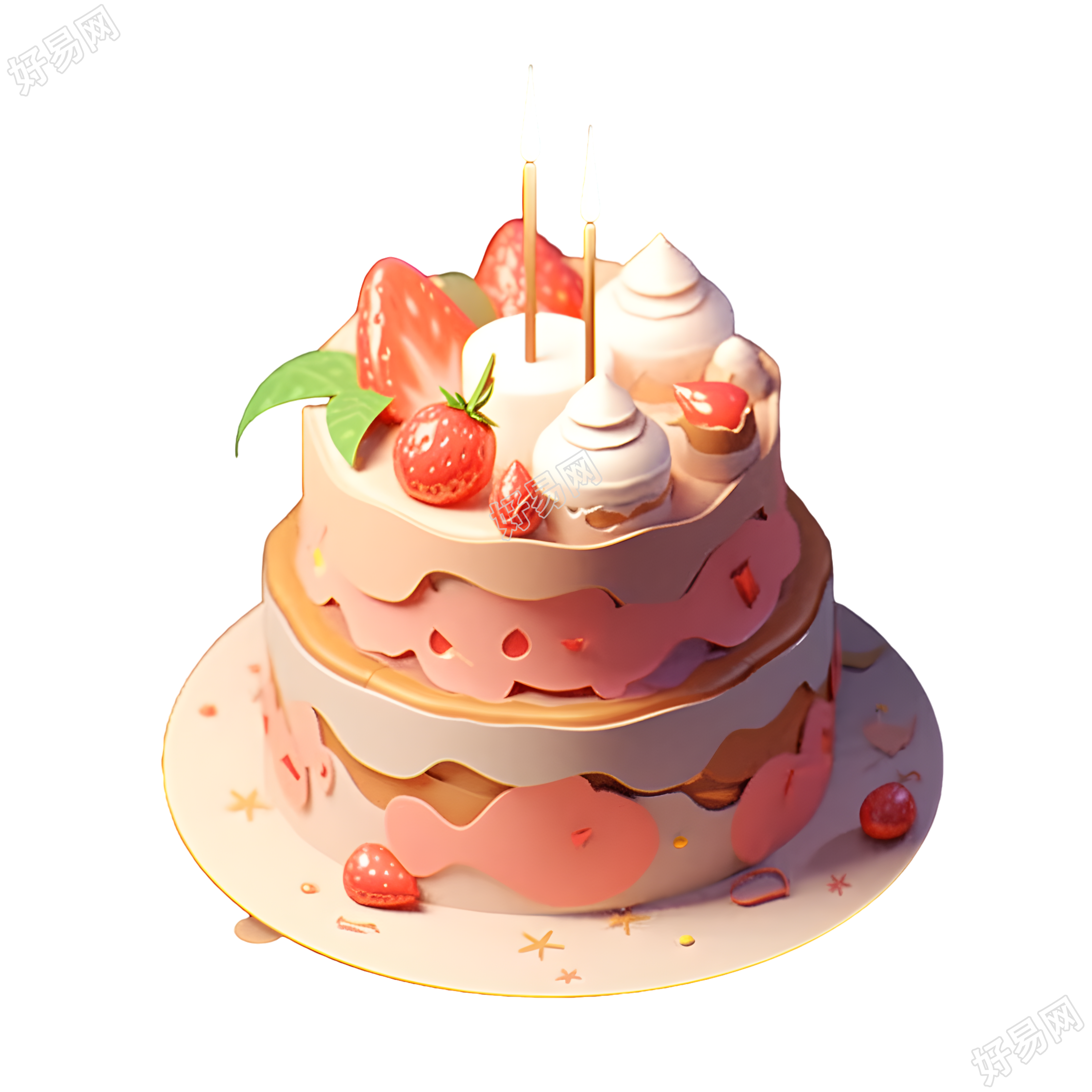 草莓蛋糕3D黏土模型插画