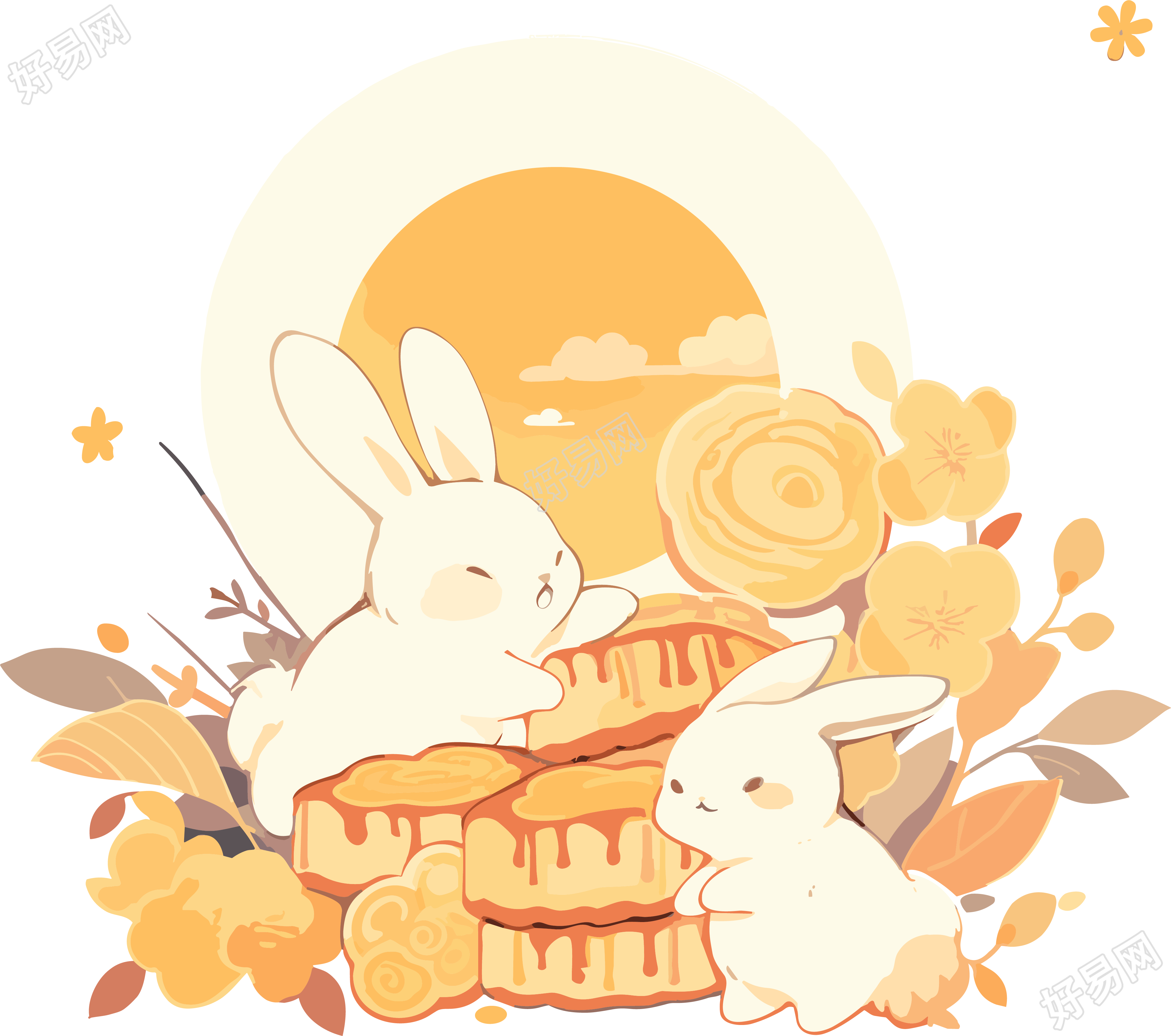 月饼堆里的兔子插画