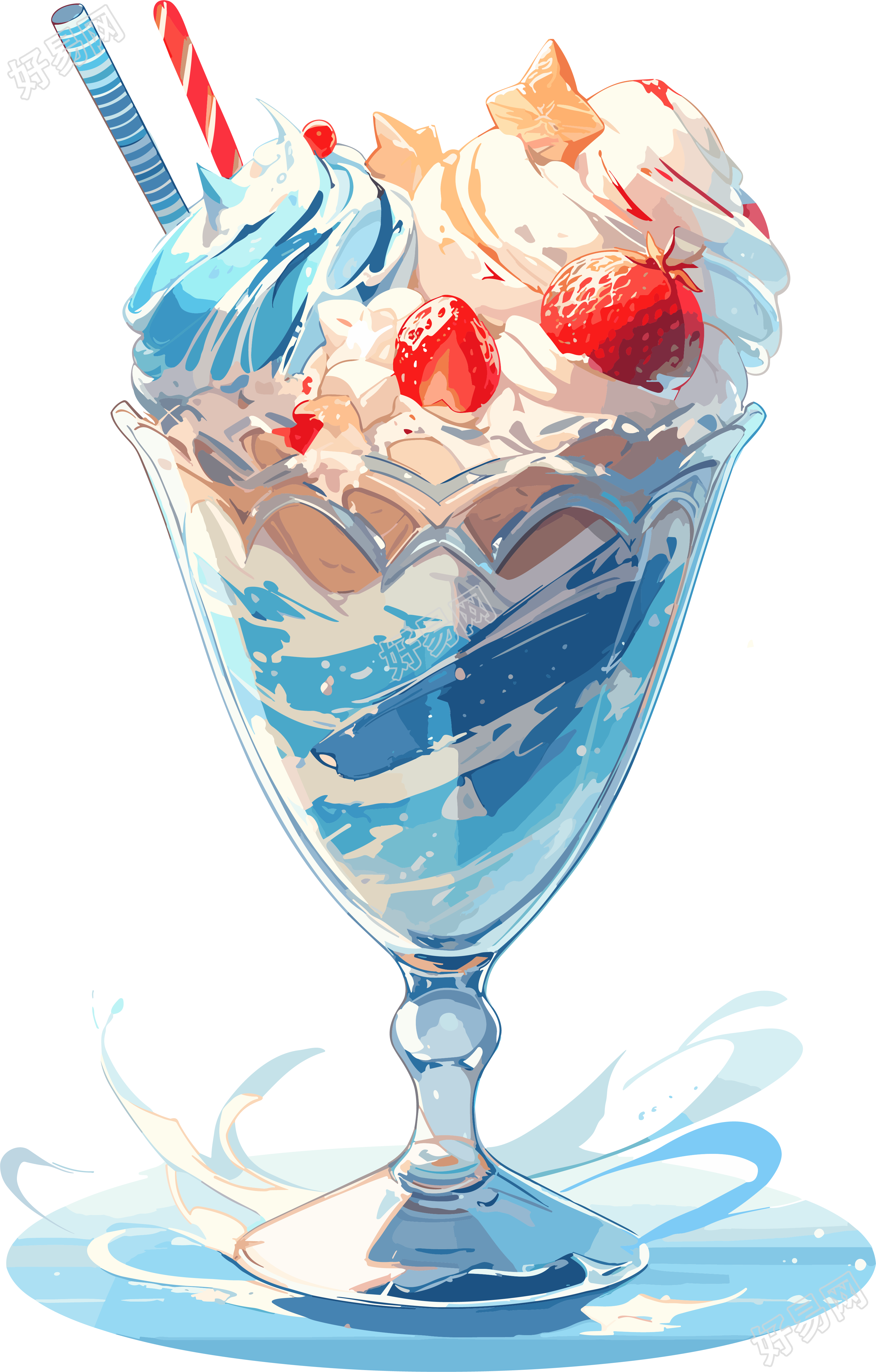 复古风格蓝色美味冰淇淋甜点插画