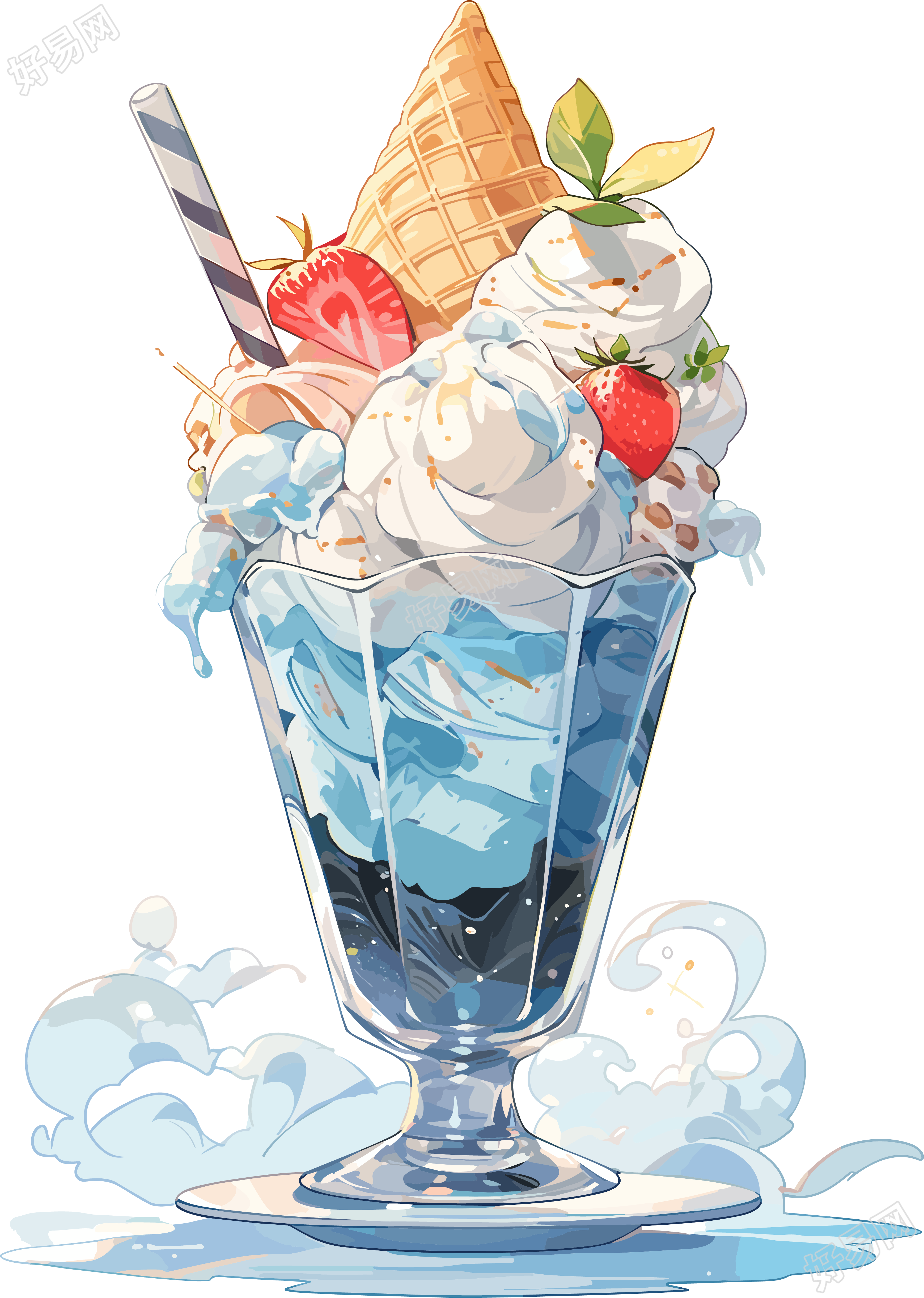 蛋卷装饰的蓝色冰淇淋夏日甜点素材