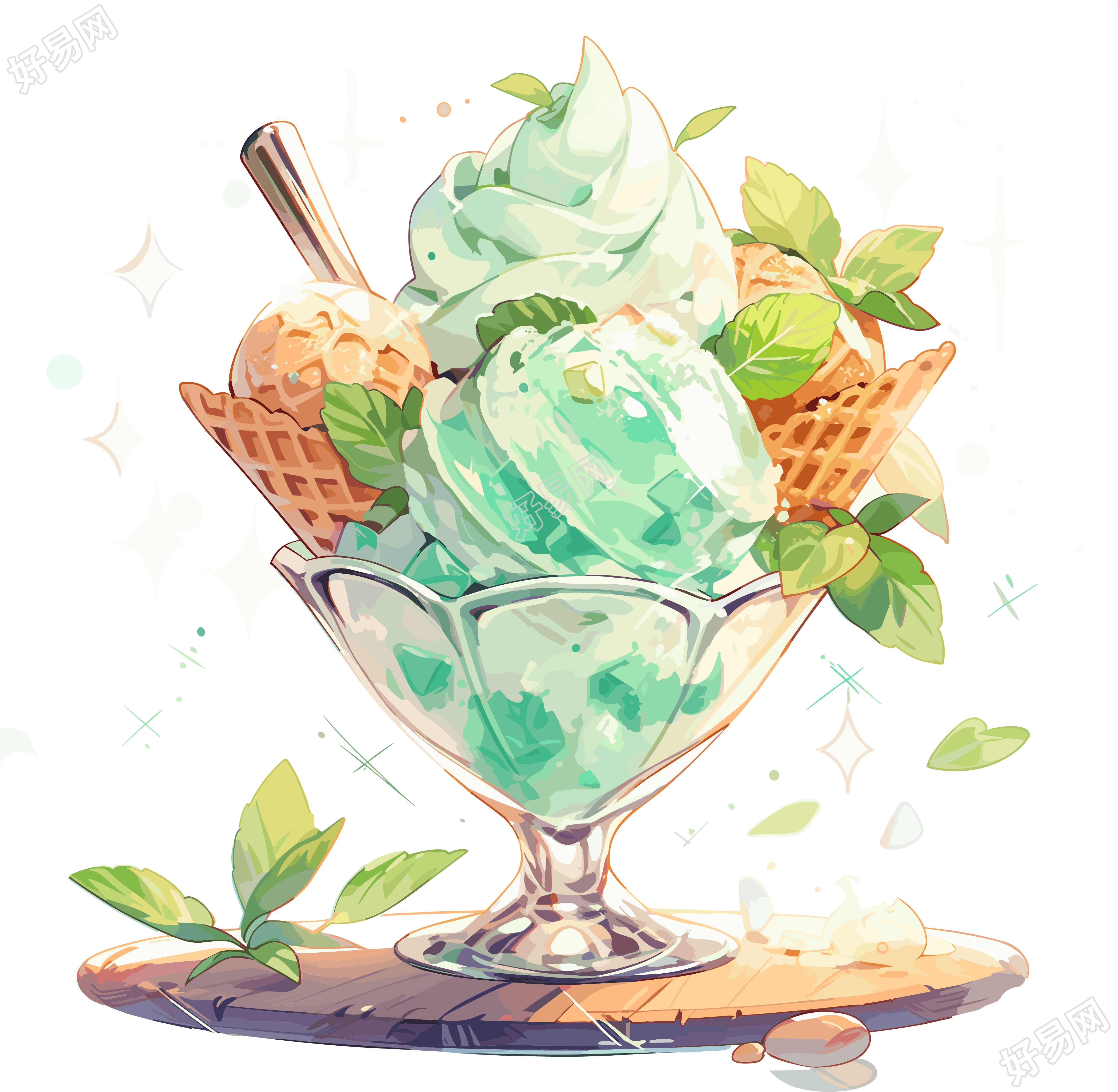 复古风格薄荷绿色美味冰淇淋插图