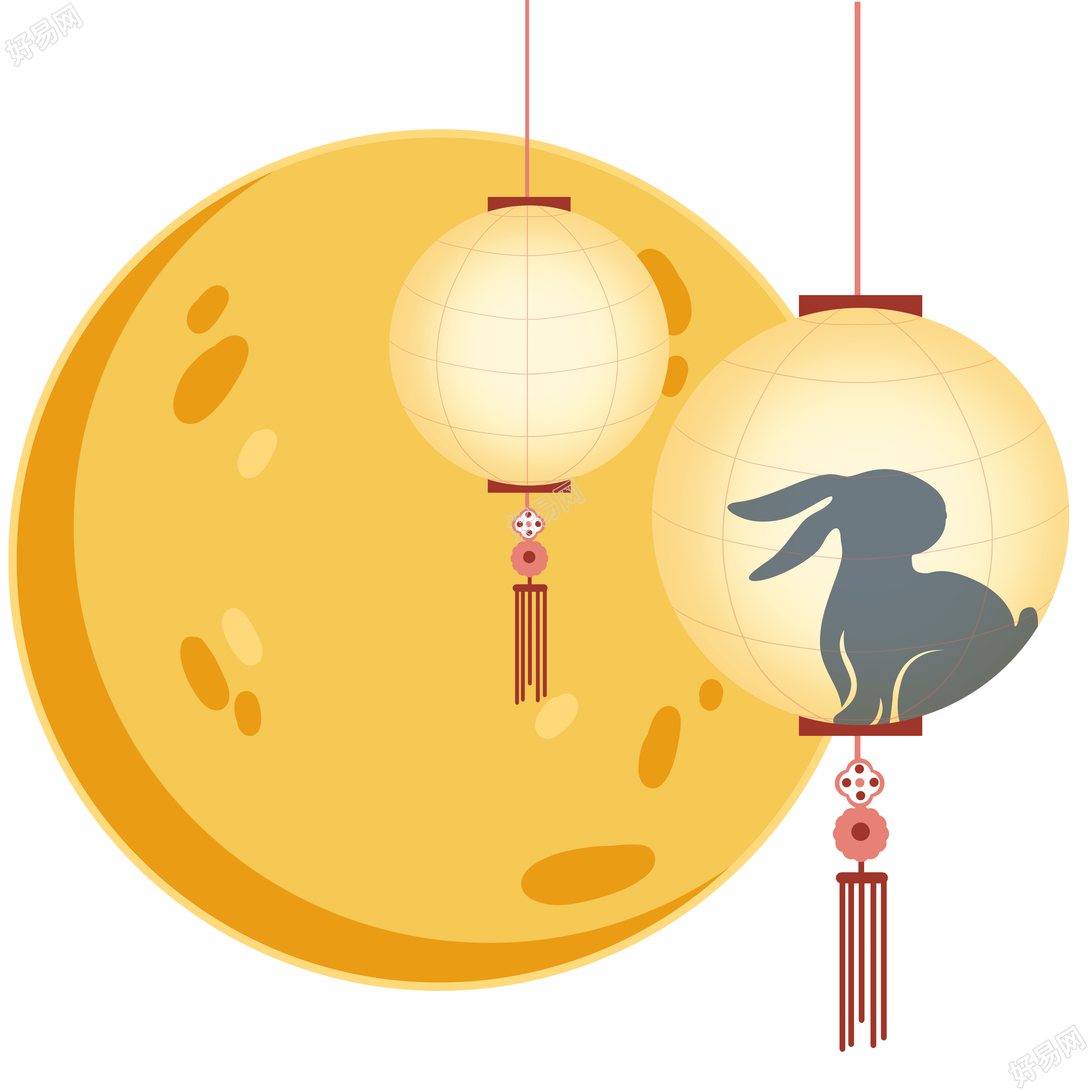 手绘圆形灯笼灰色玉兔剪影PNG插画