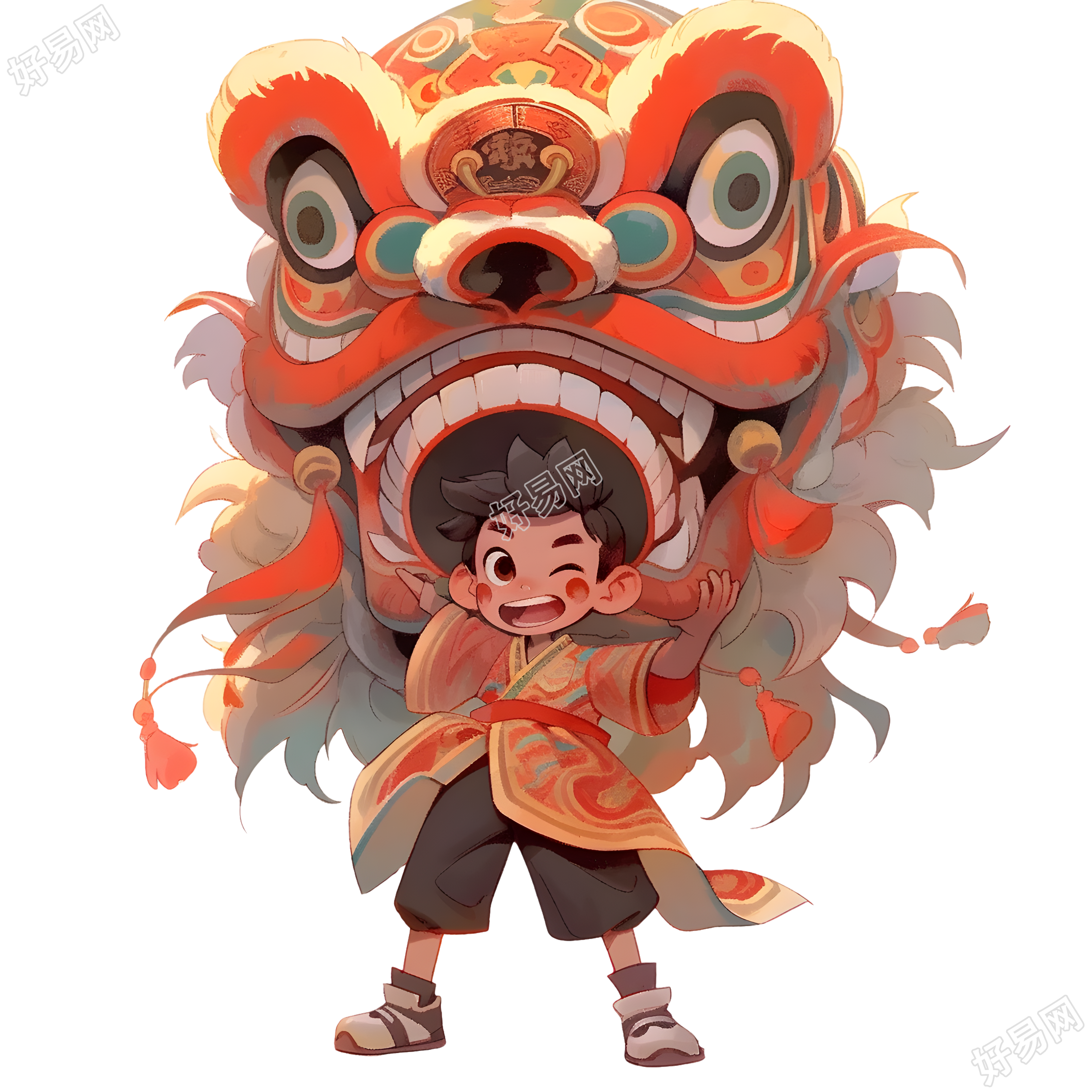 亚洲风格的舞狮艺术插画素材