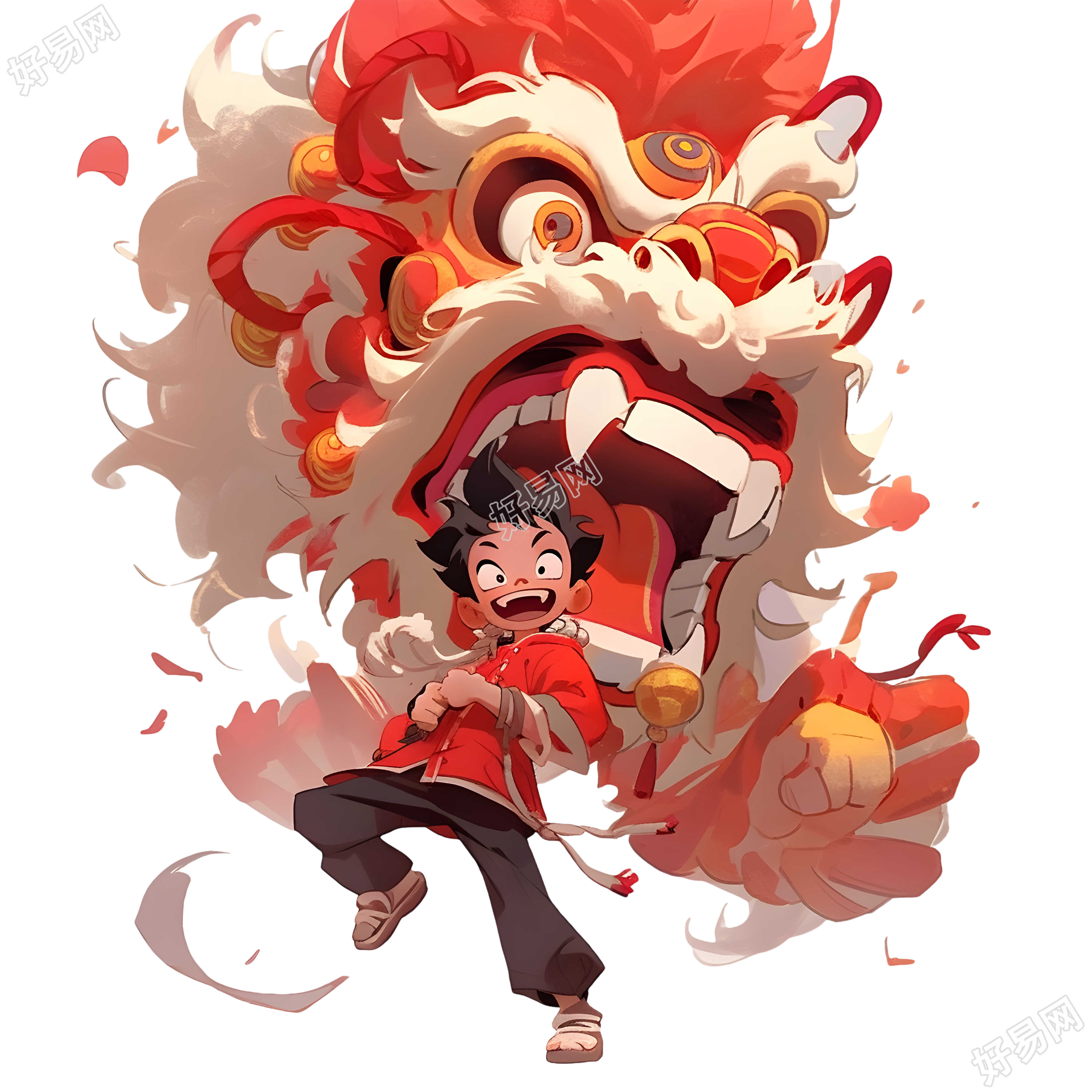 透明背景舞狮艺术插画设计
