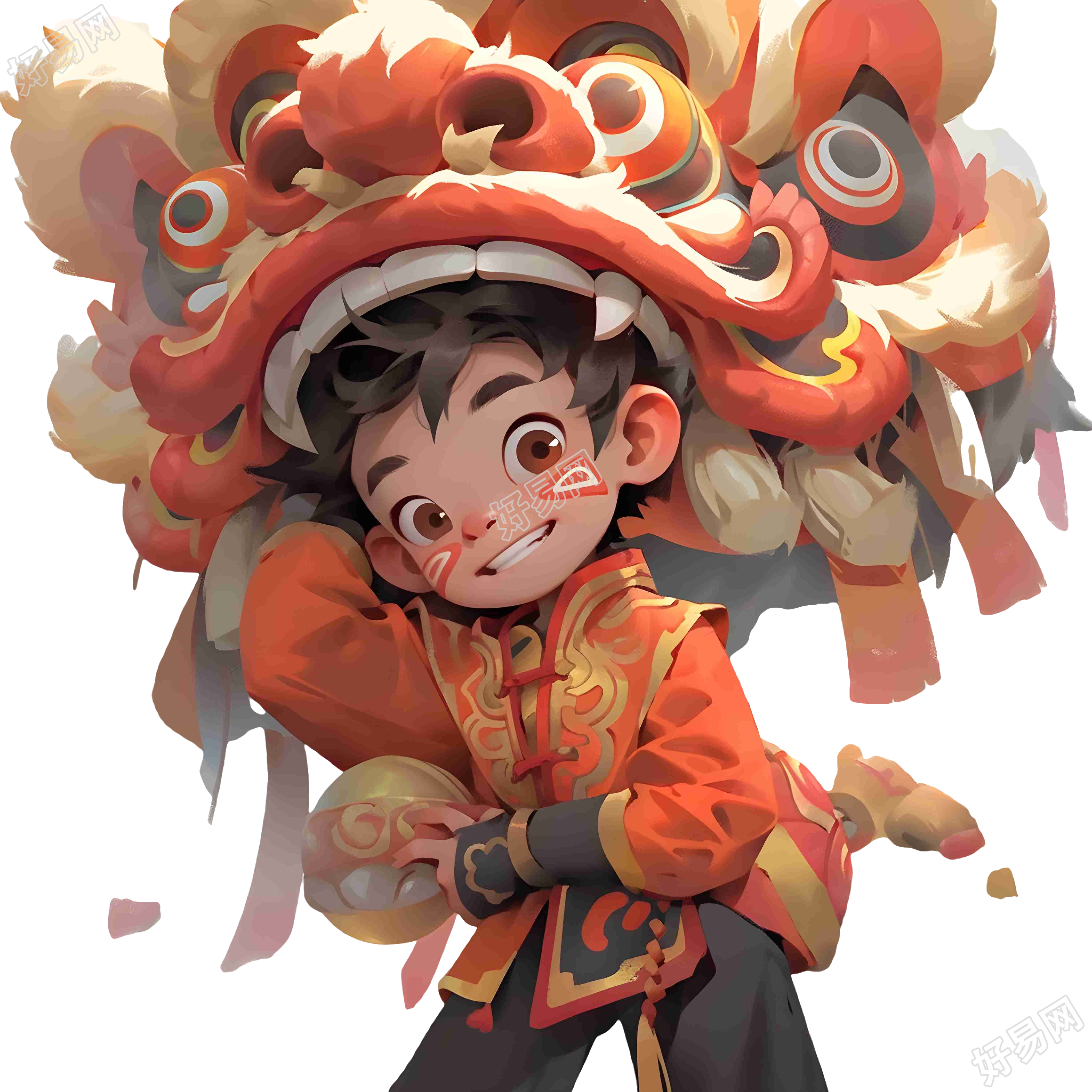 舞狮子的男孩艺术卡通角色插画