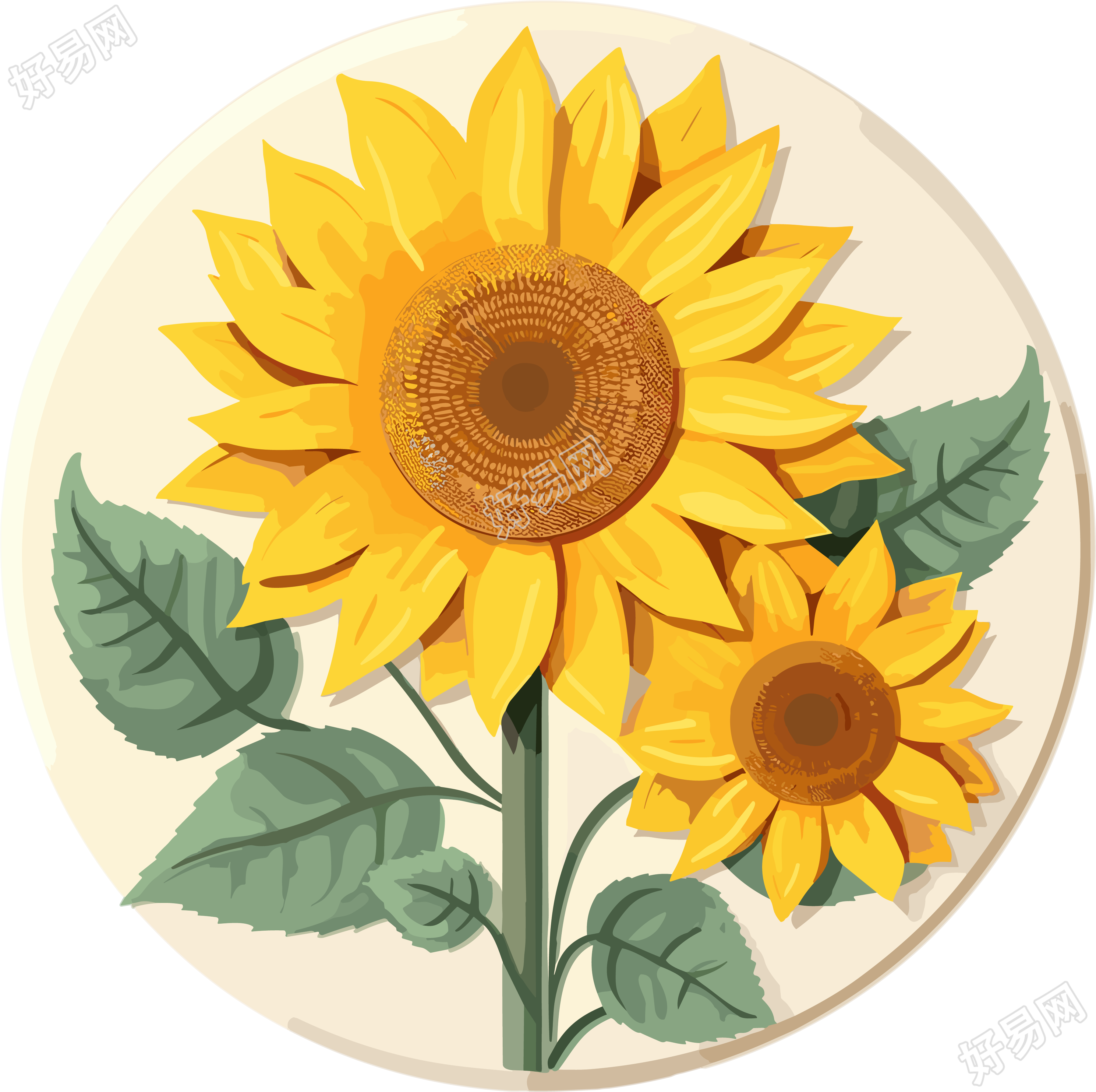两朵带叶的向日葵白底画作创意素材