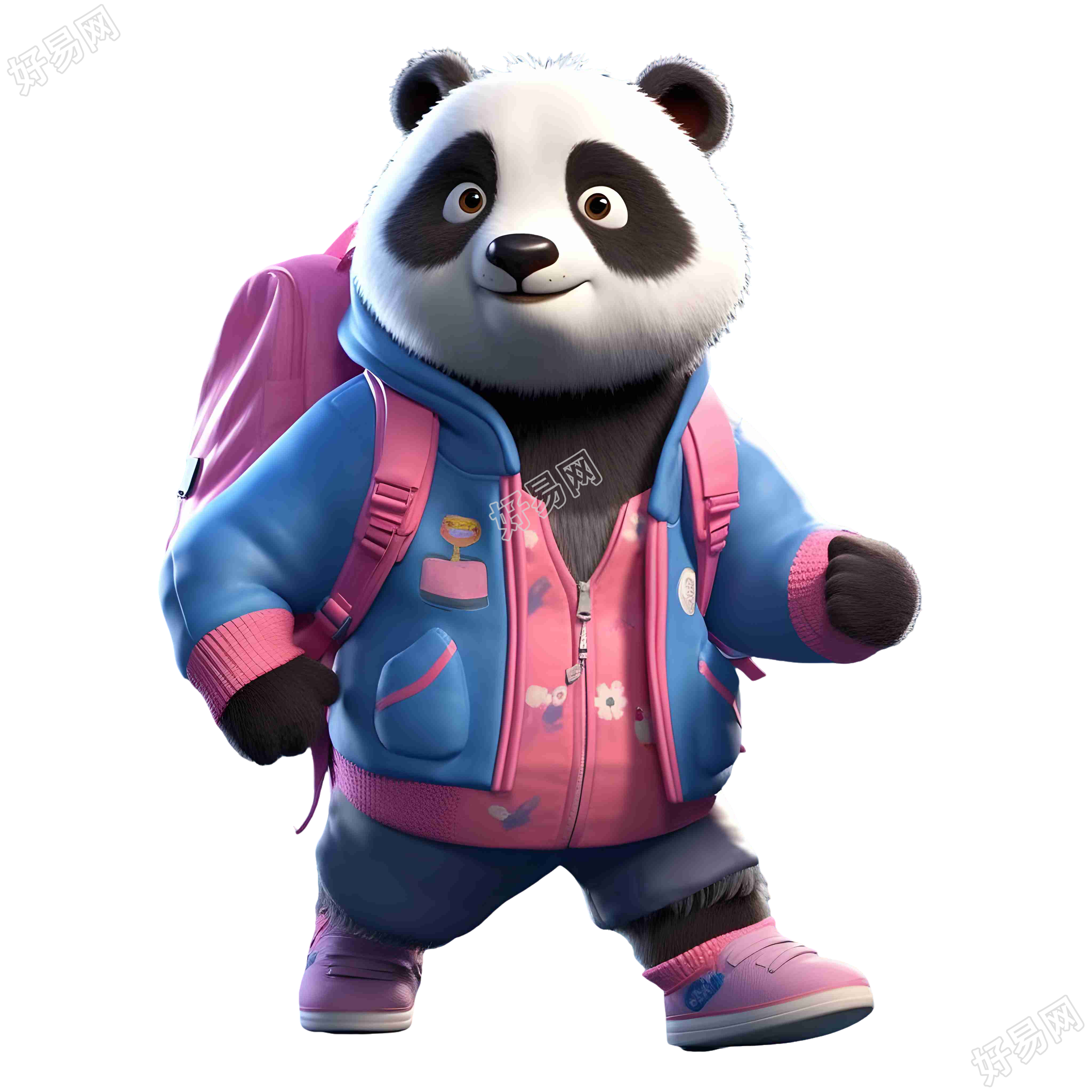穿蓝粉色外套的熊猫背包商用插画