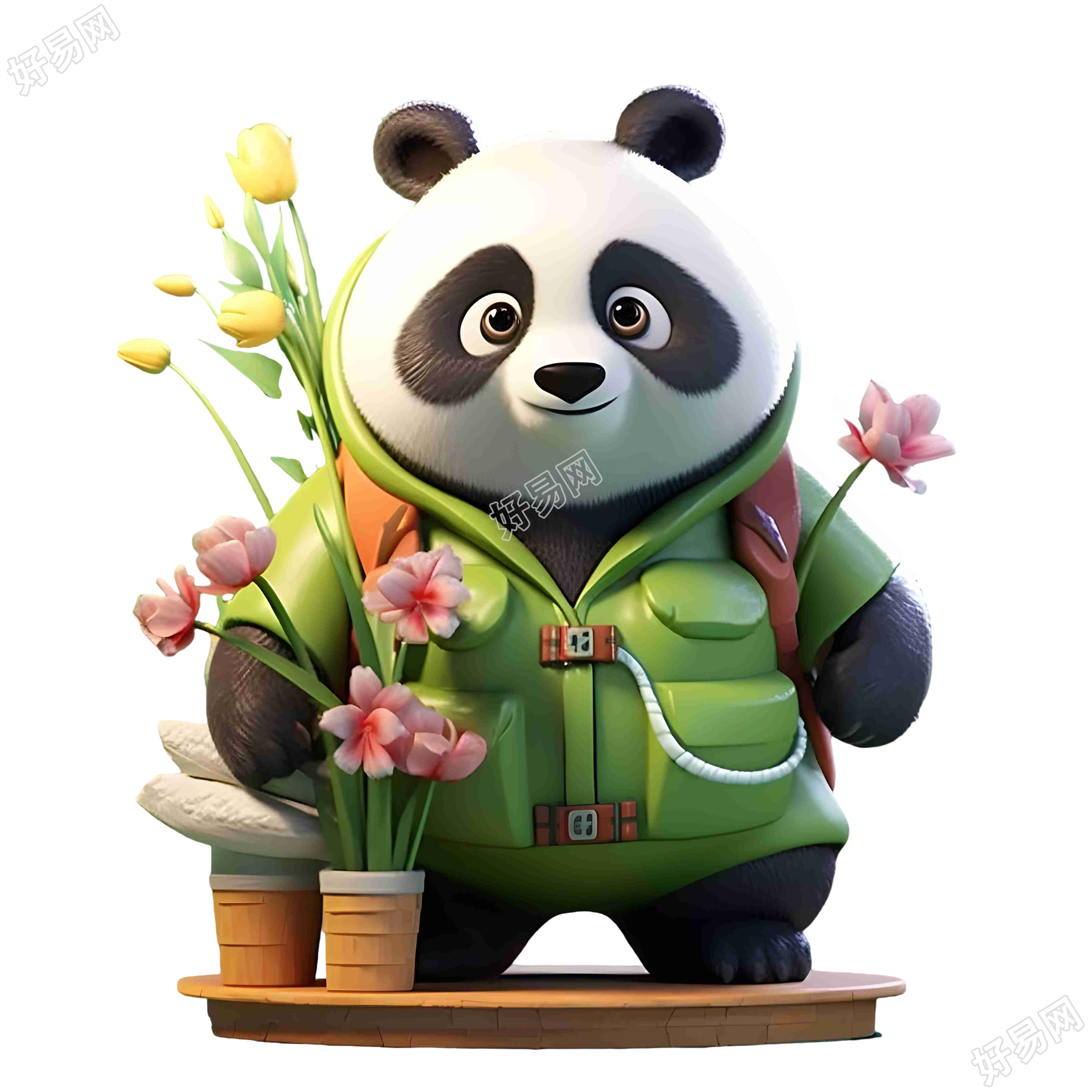 熊猫穿绿色制服送花束迷人角色插画