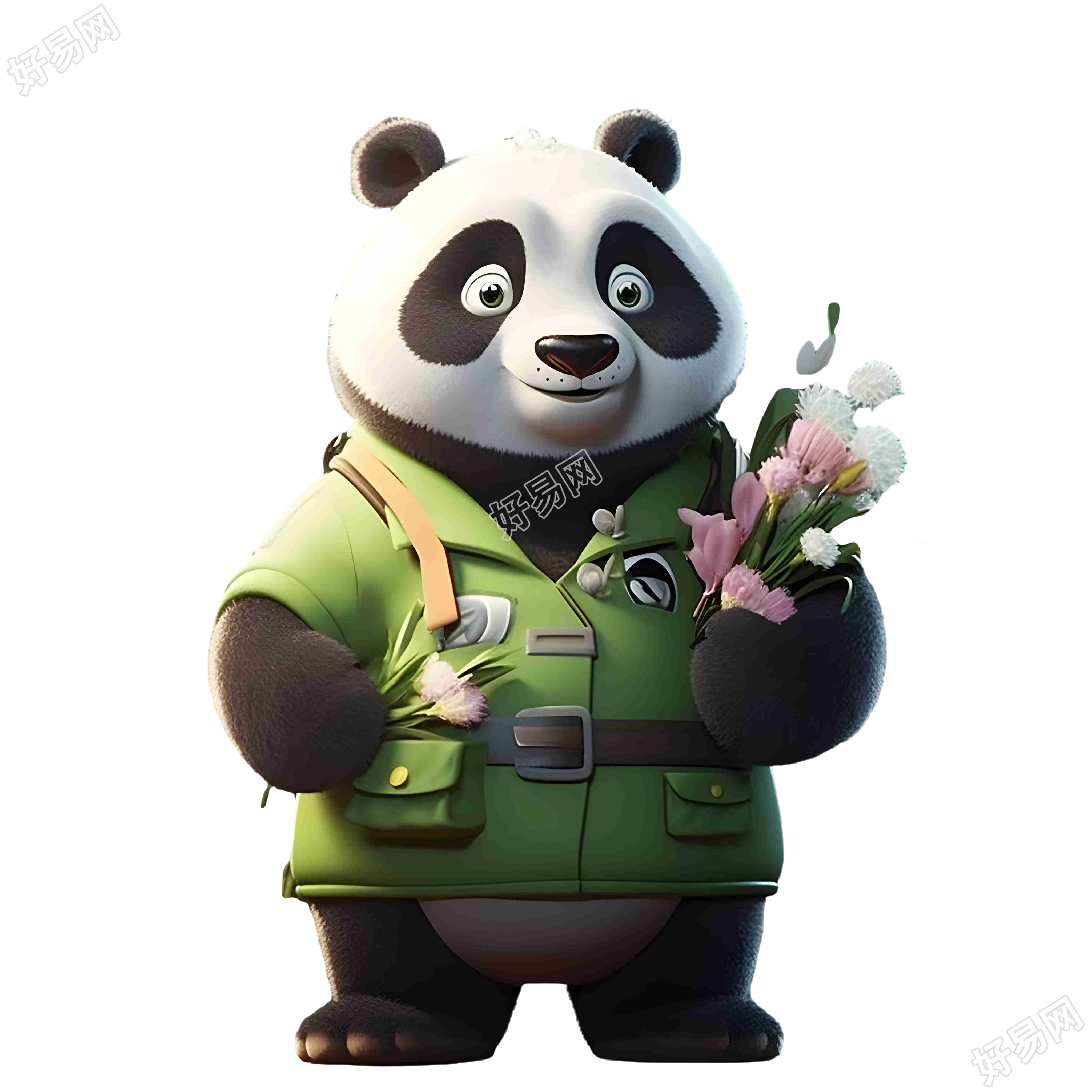 穿绿色制服手持花束的熊猫插画素材