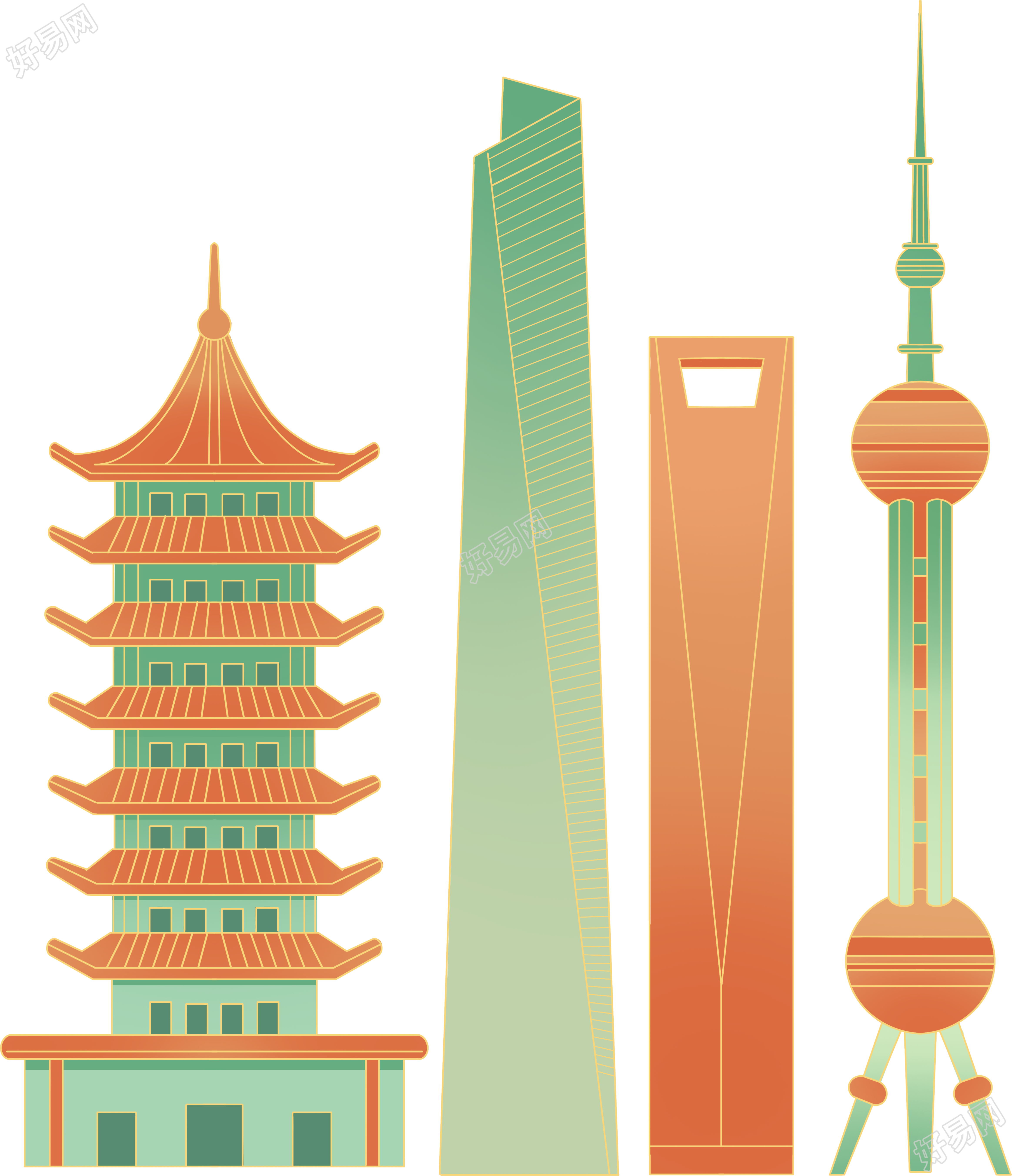 手绘城市建筑金色描边PNG素材