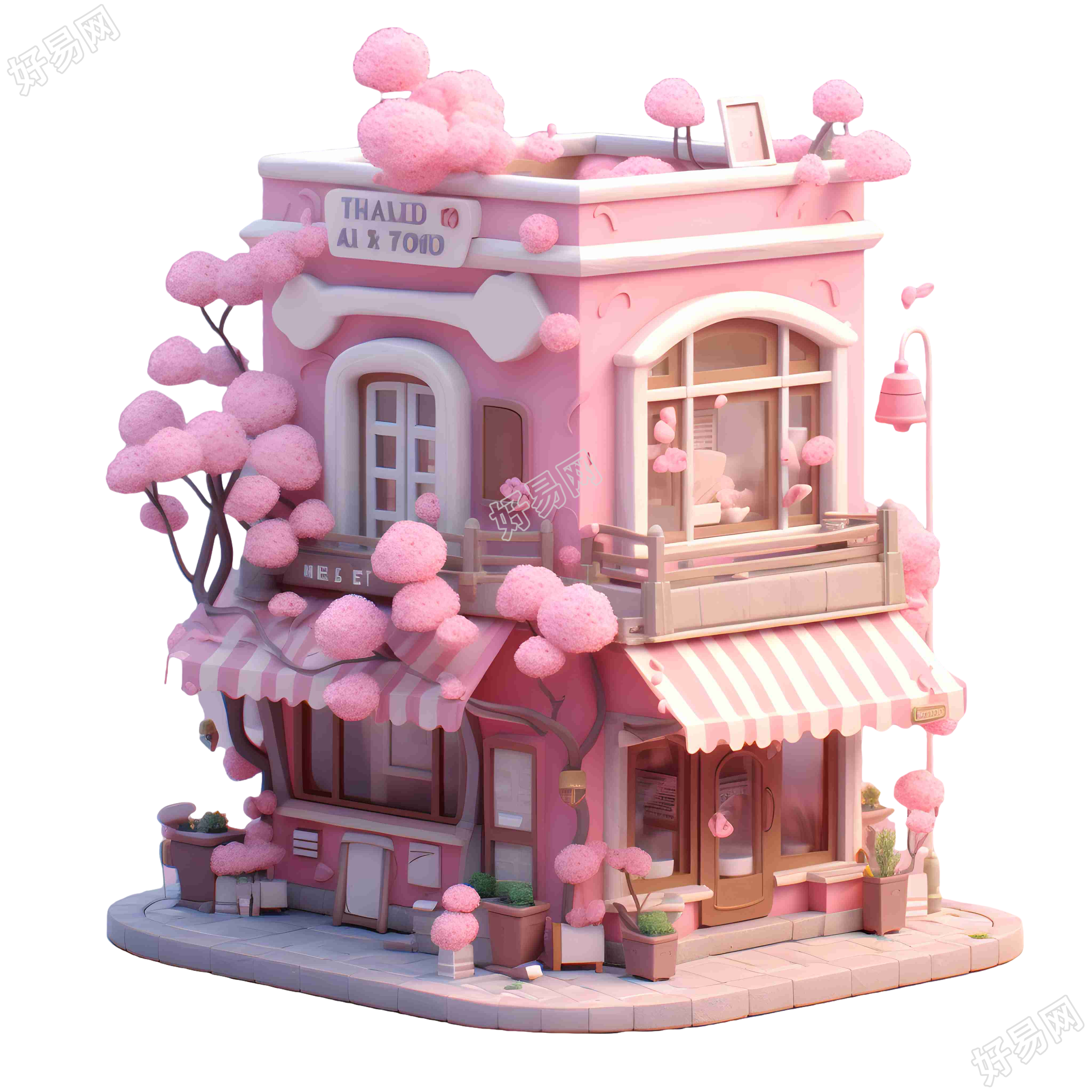 魅力街景粉色茶馆3D插画