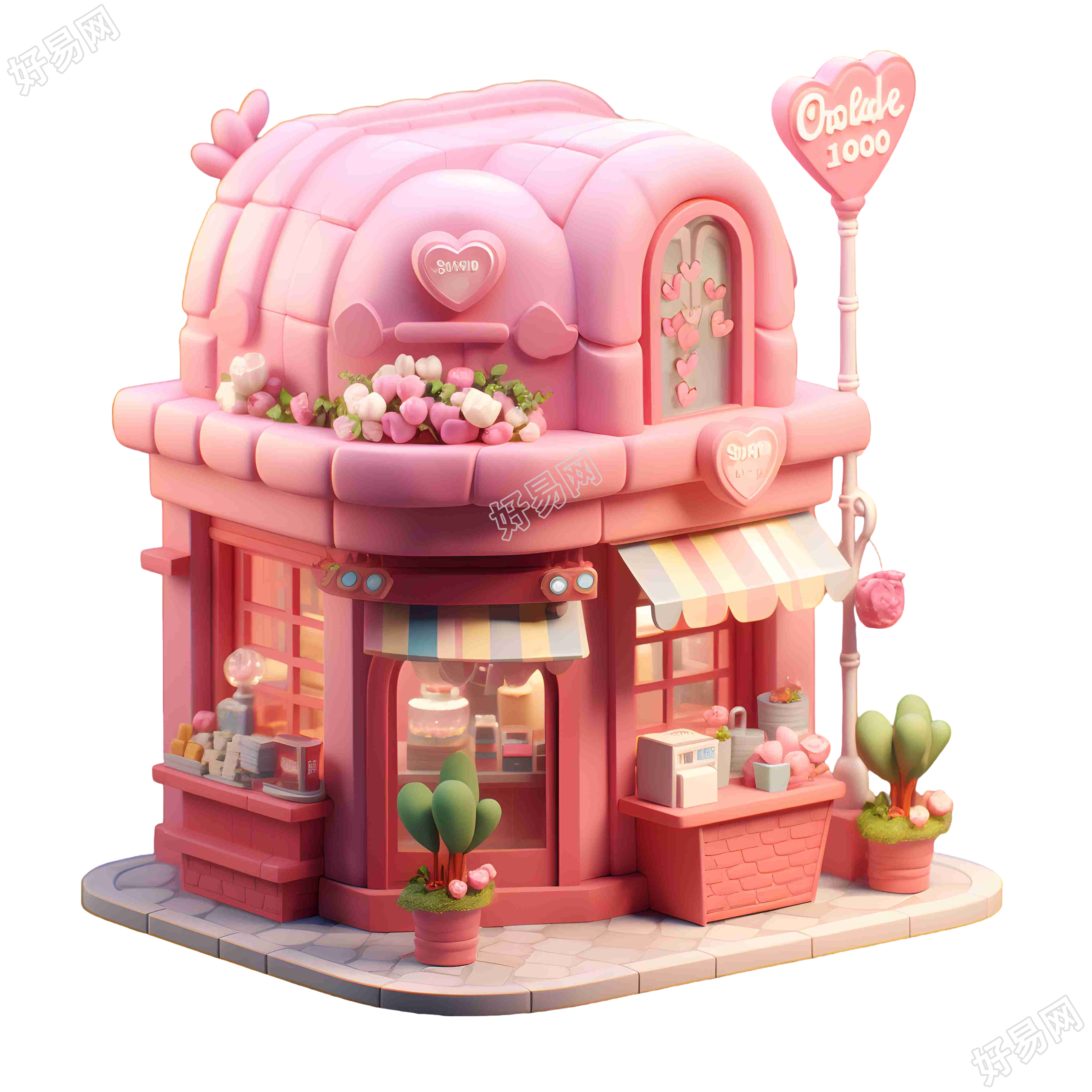 3D立体粉色茶屋商用插画