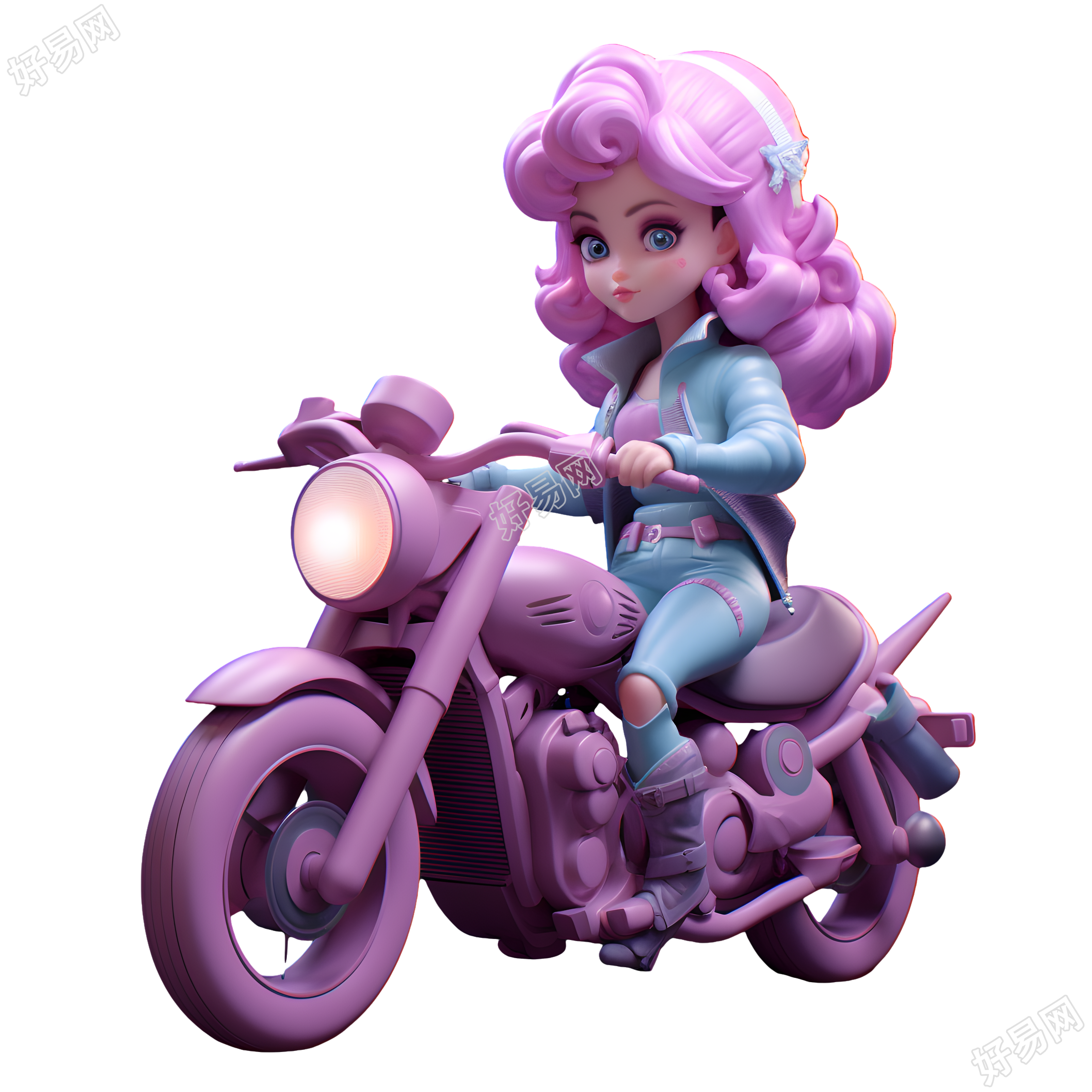 紫色摩托车上的卡通女孩插画