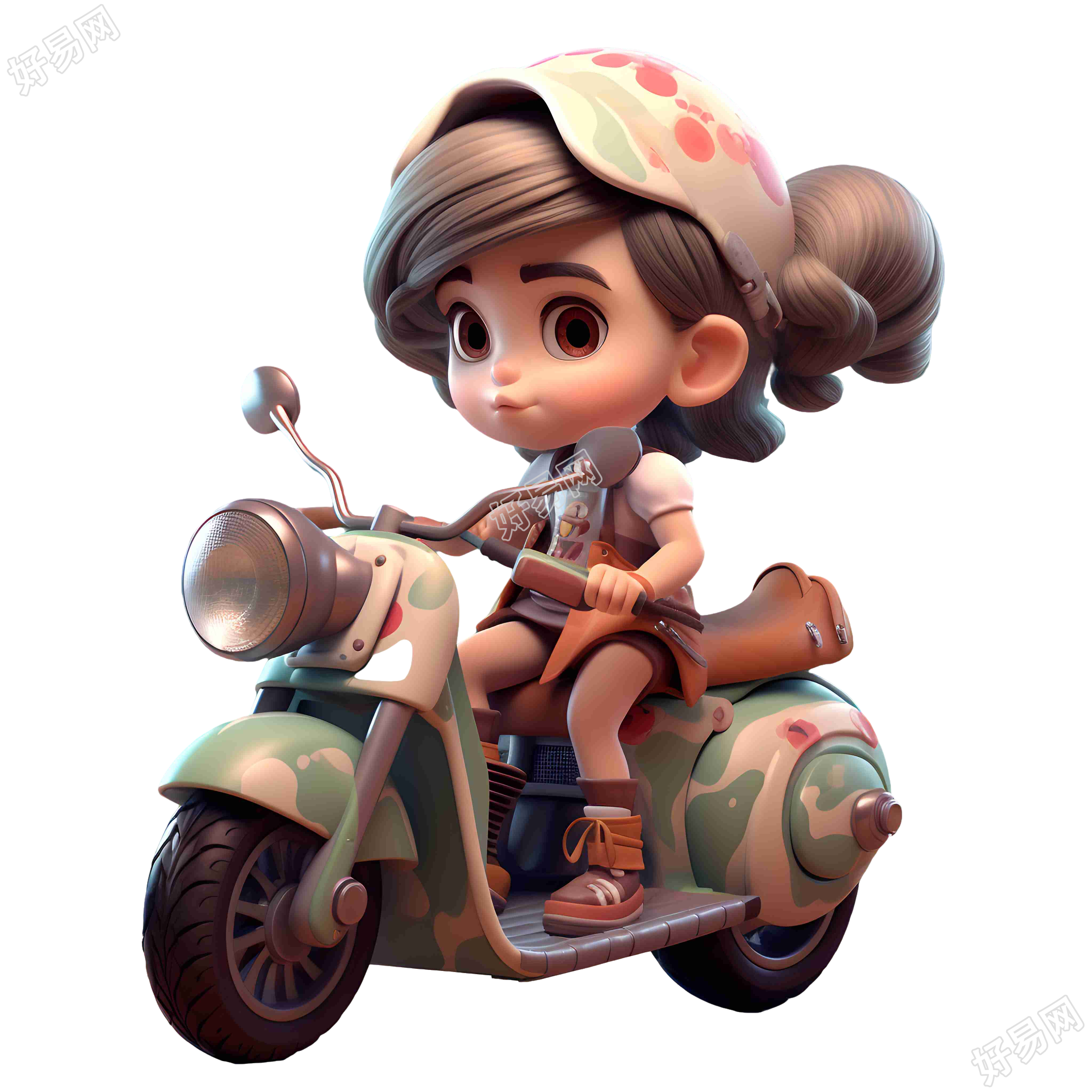 可爱玩具雕塑风格的摩托车女孩插画