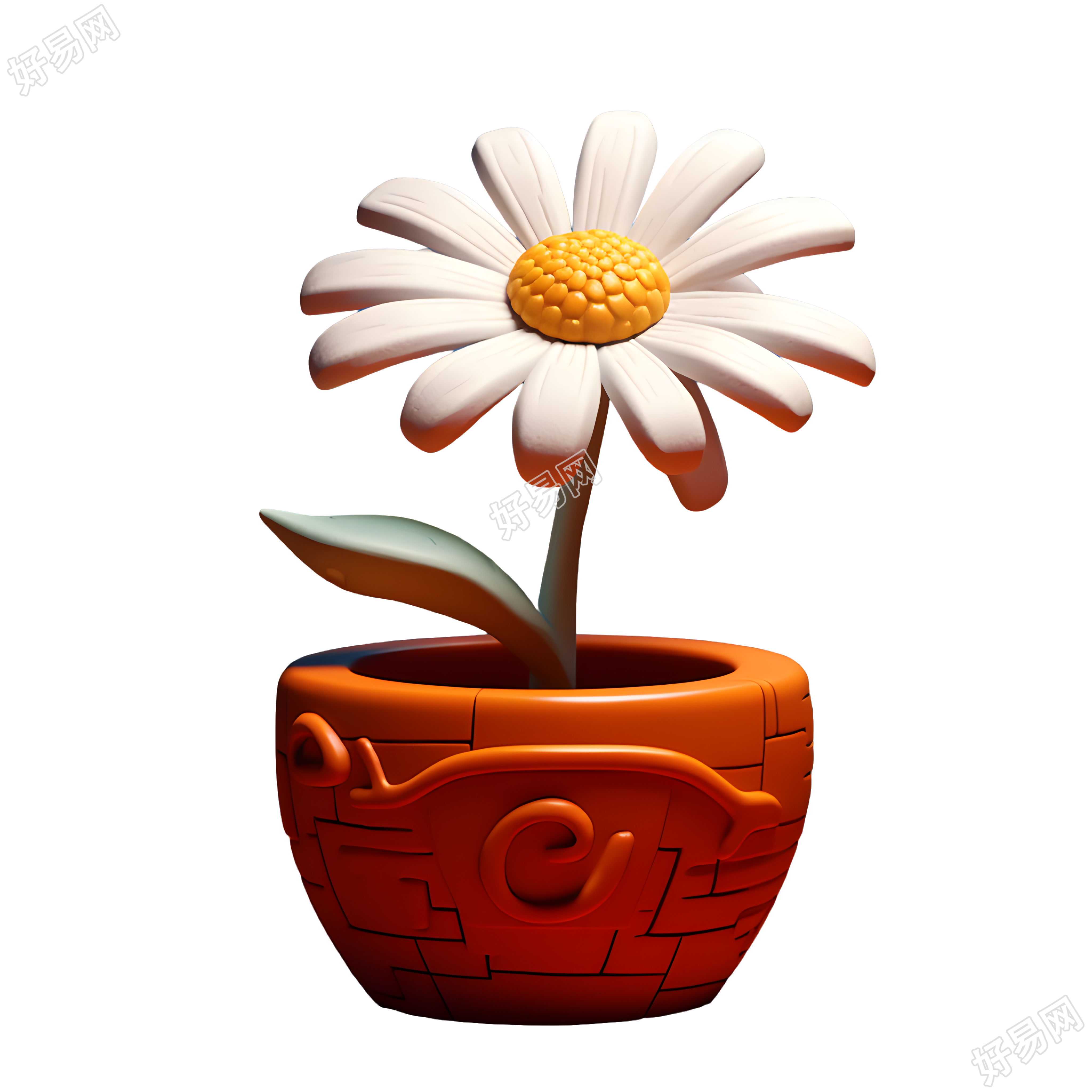 暗褐色花瓶上的白色雏菊3D模型素材