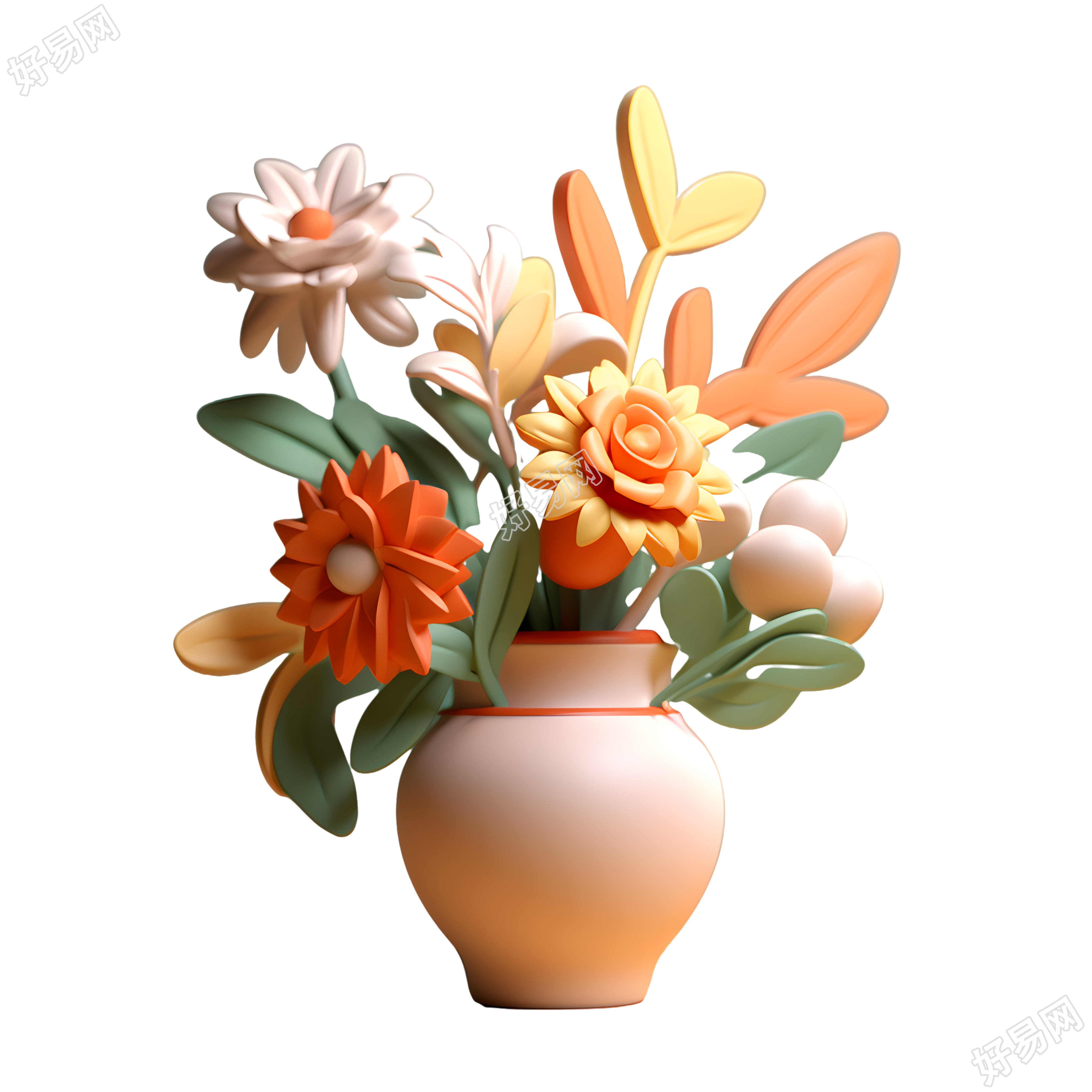 卡通风格透明背景3D鲜花插花素材