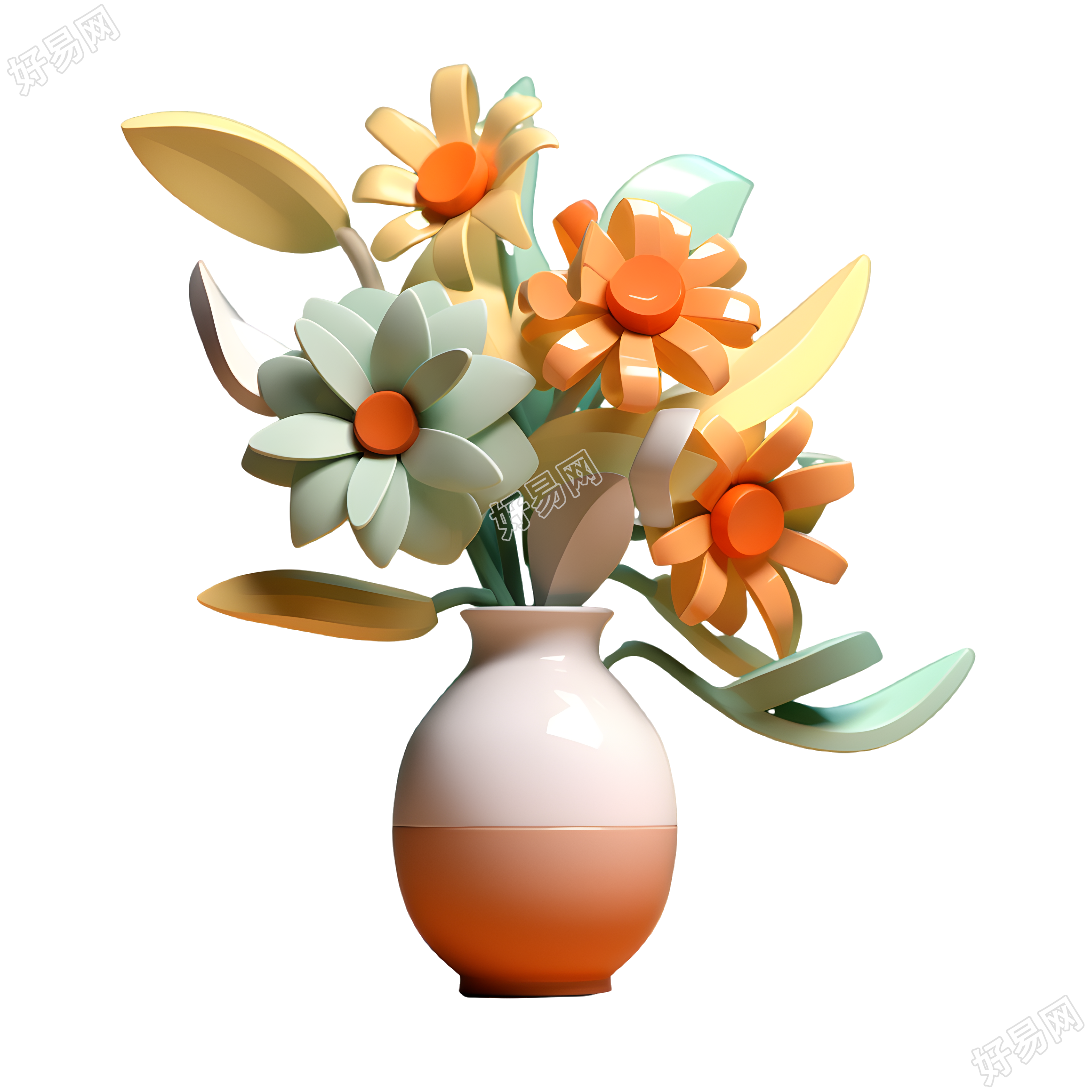 花朵与叶子装满花瓶的3D渲染素材