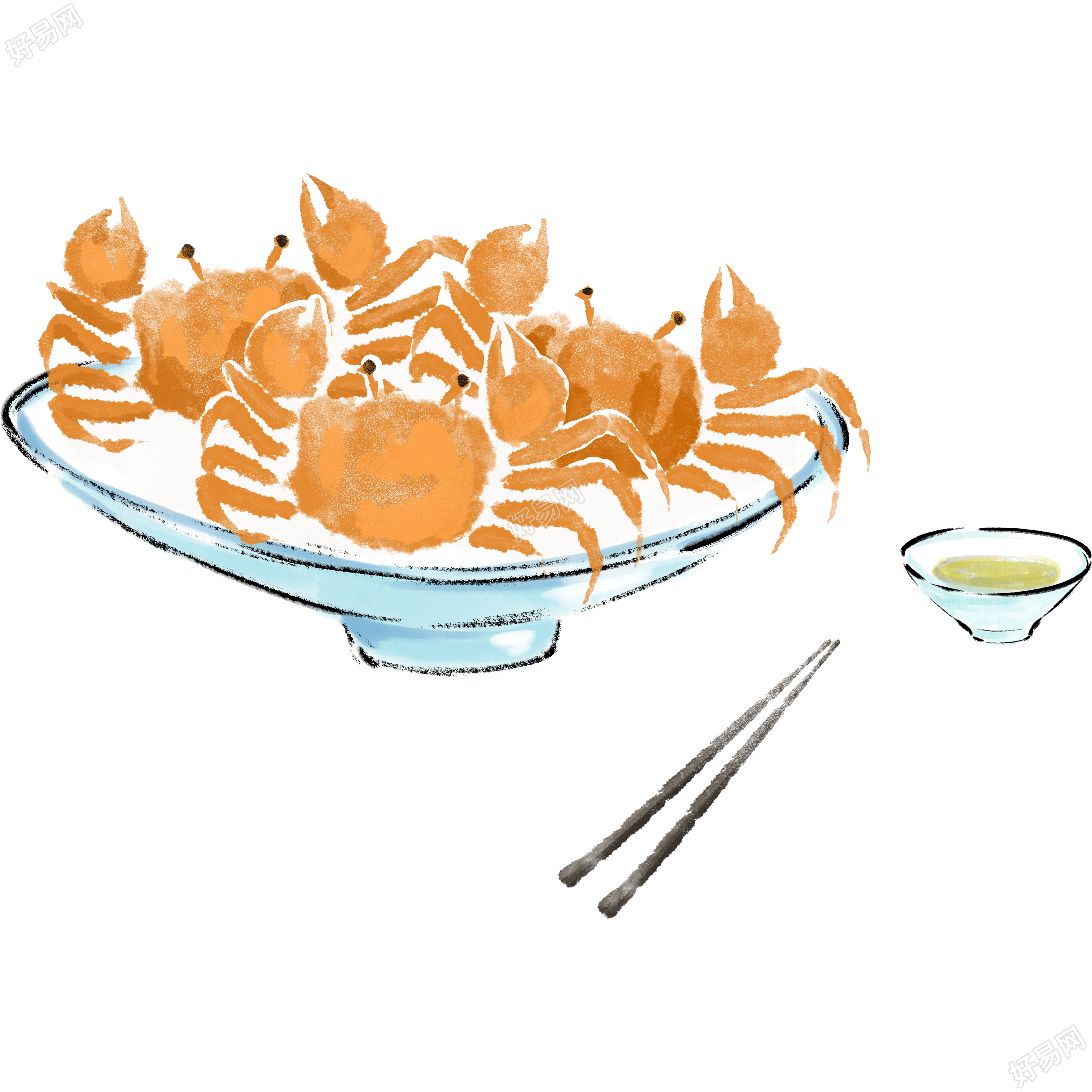手绘餐盘里的螃蟹PNG插画