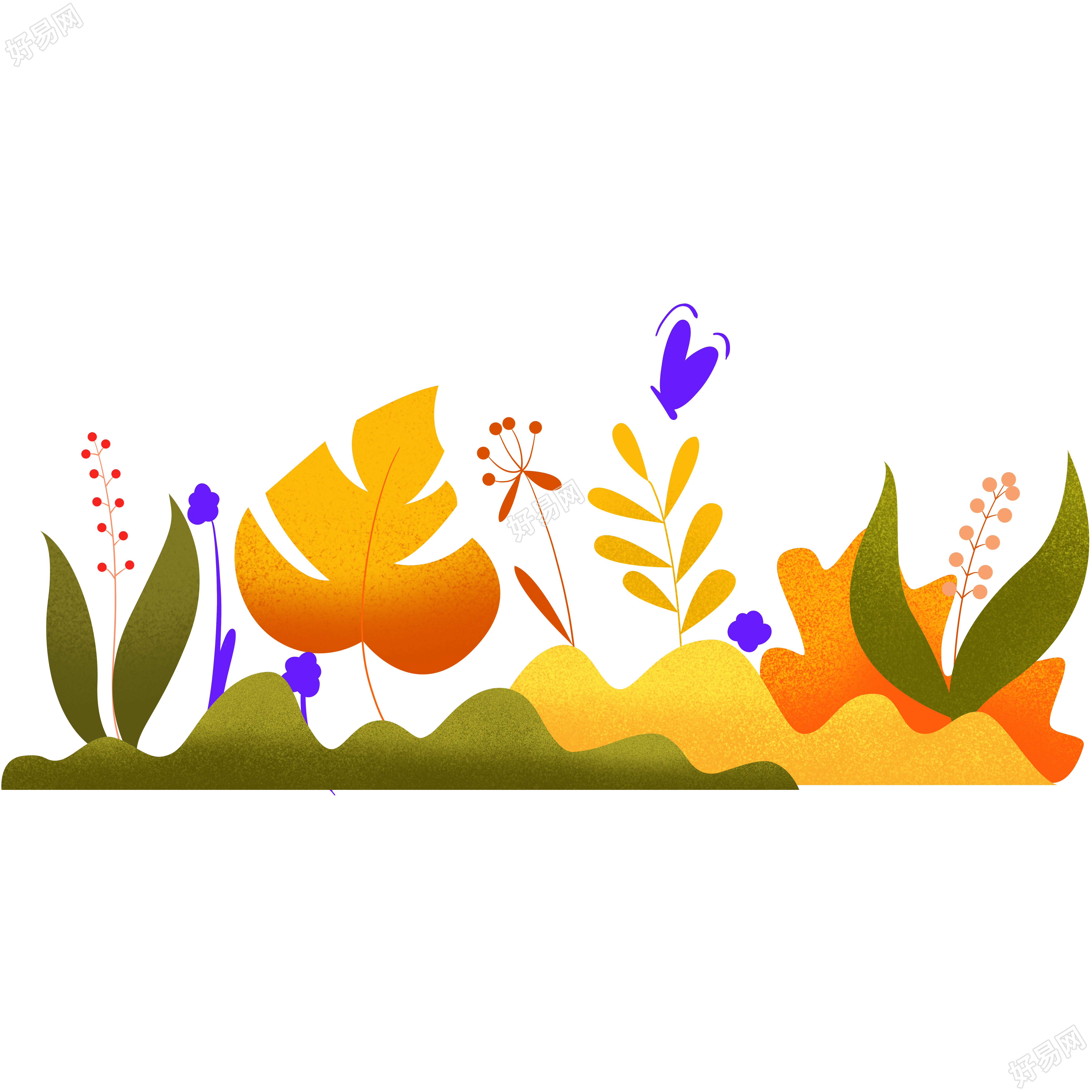 寒露时节深秋小草叶片手绘插画