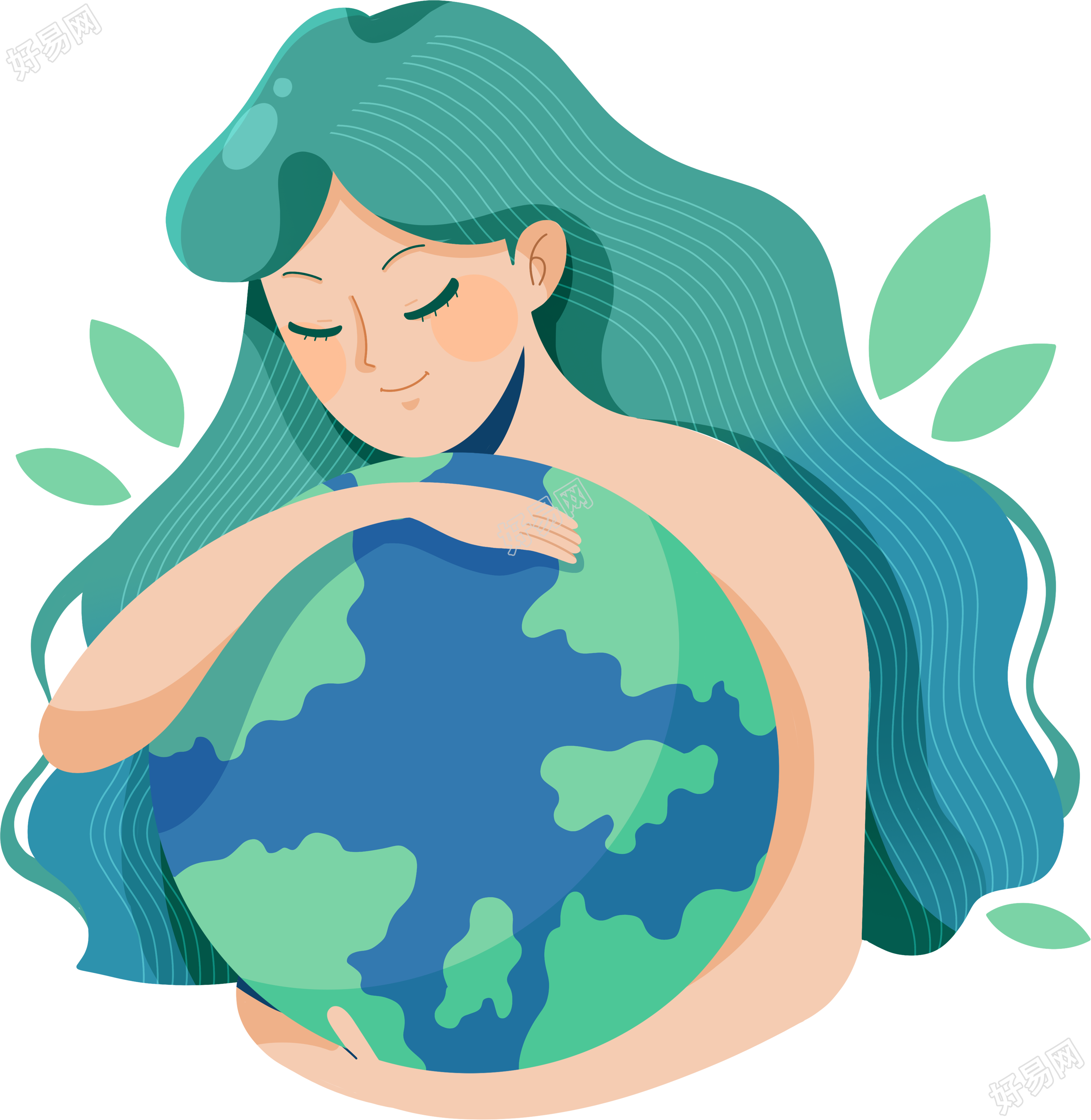 怀抱地球的少女绿色头发PNG插画