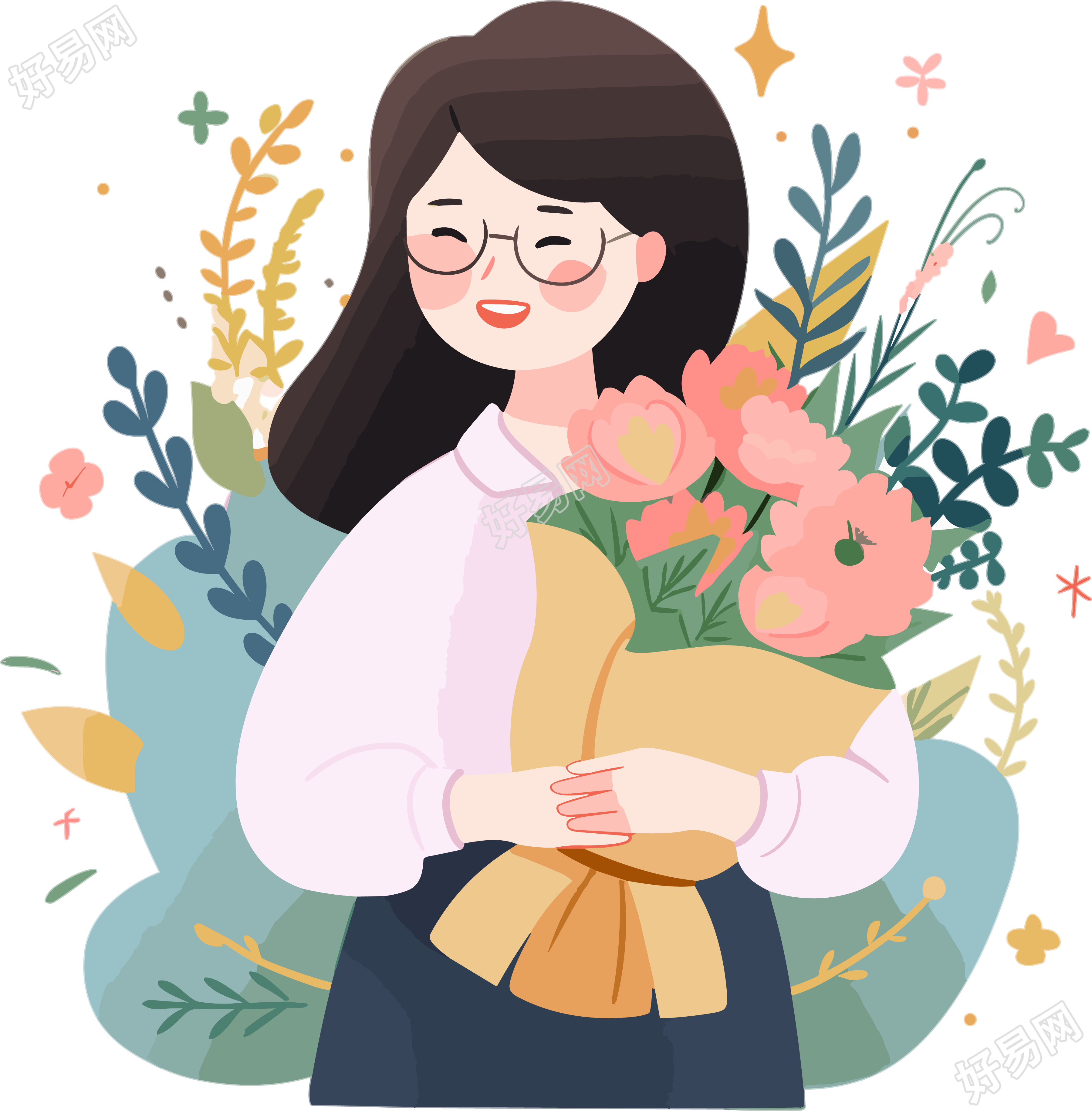 女老师手拿鲜花教师节插画设计元素