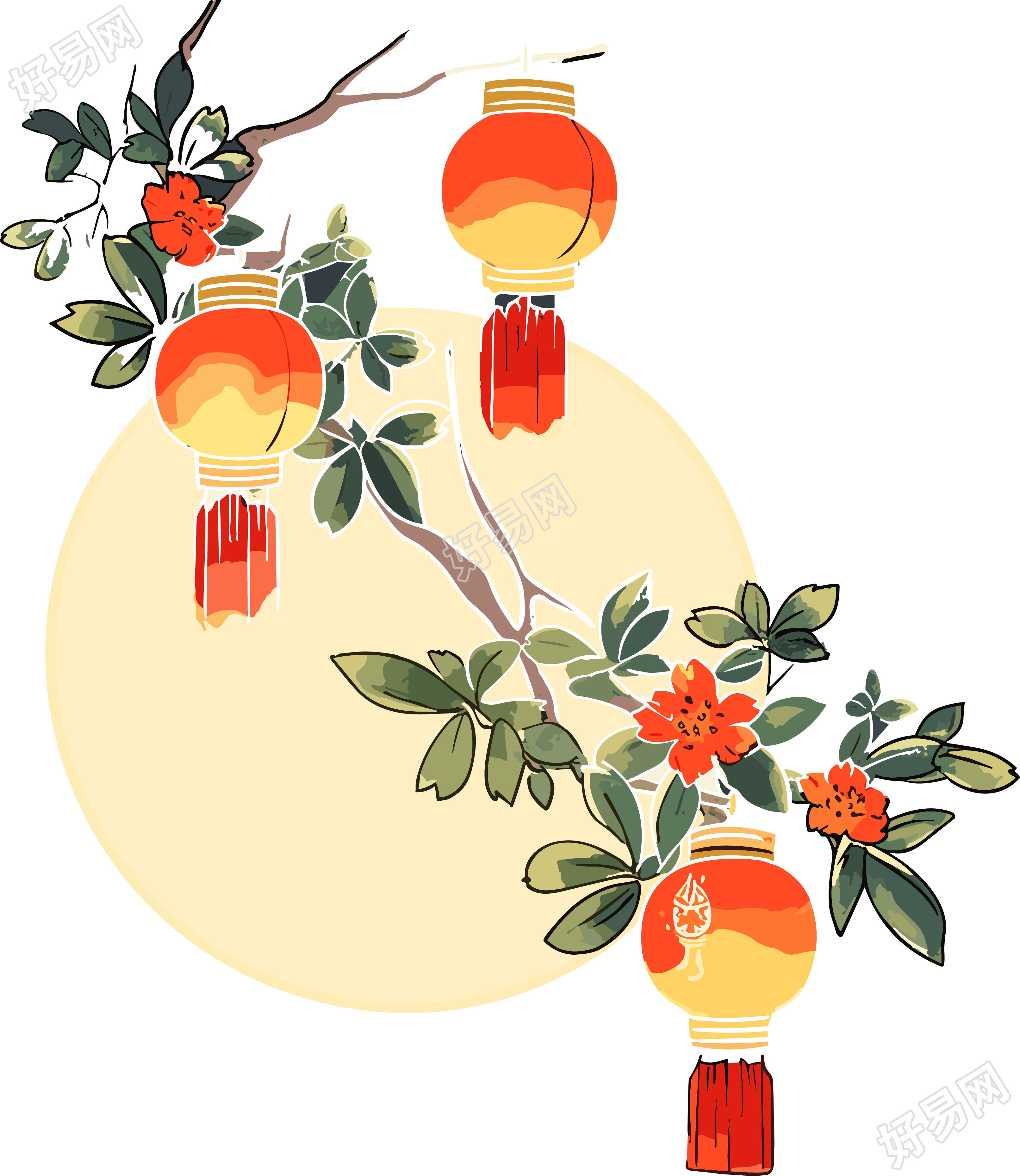 手绘平面风格红灯笼月亮插画设计