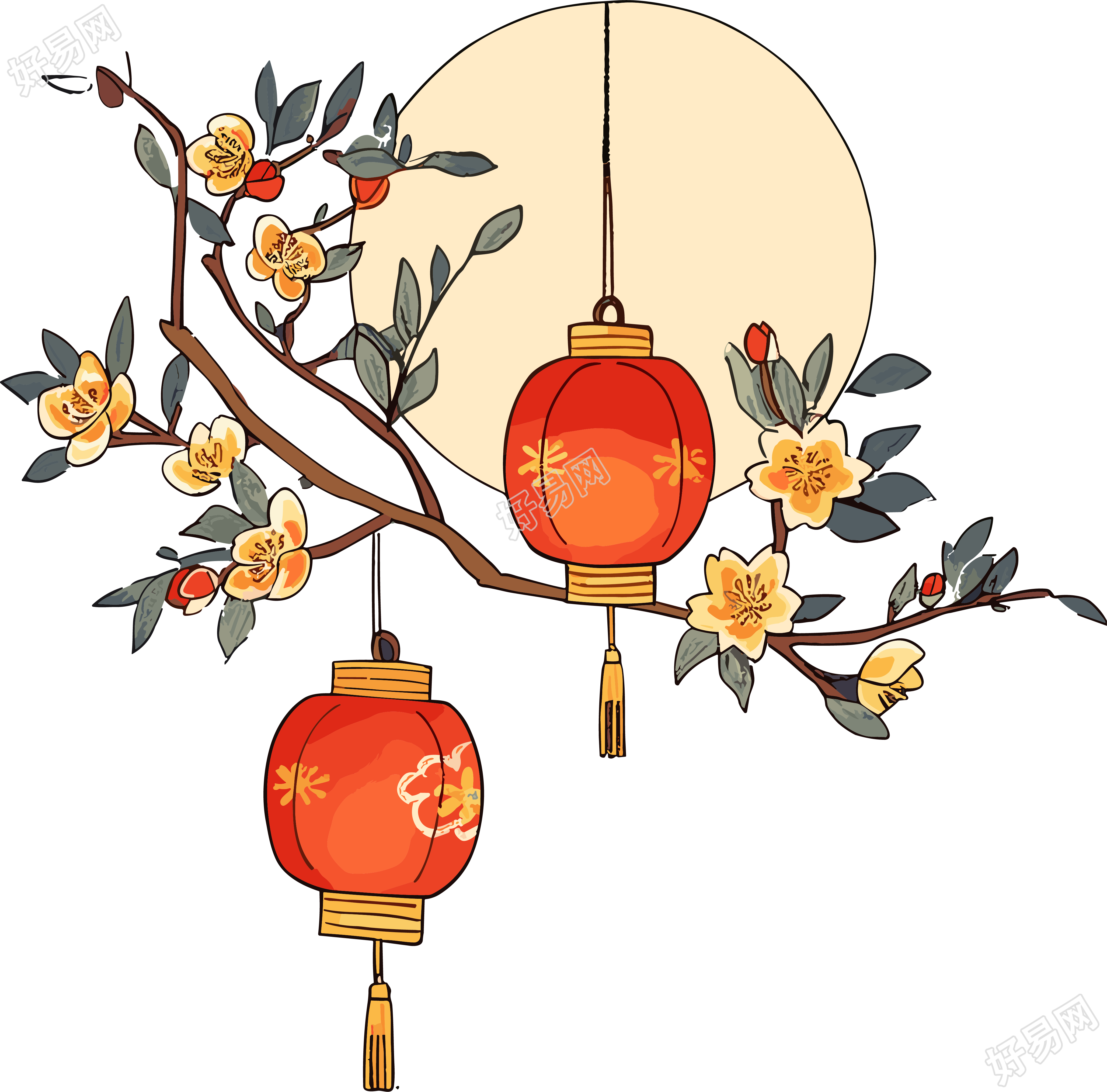 红灯笼桂花圆月插画设计元素