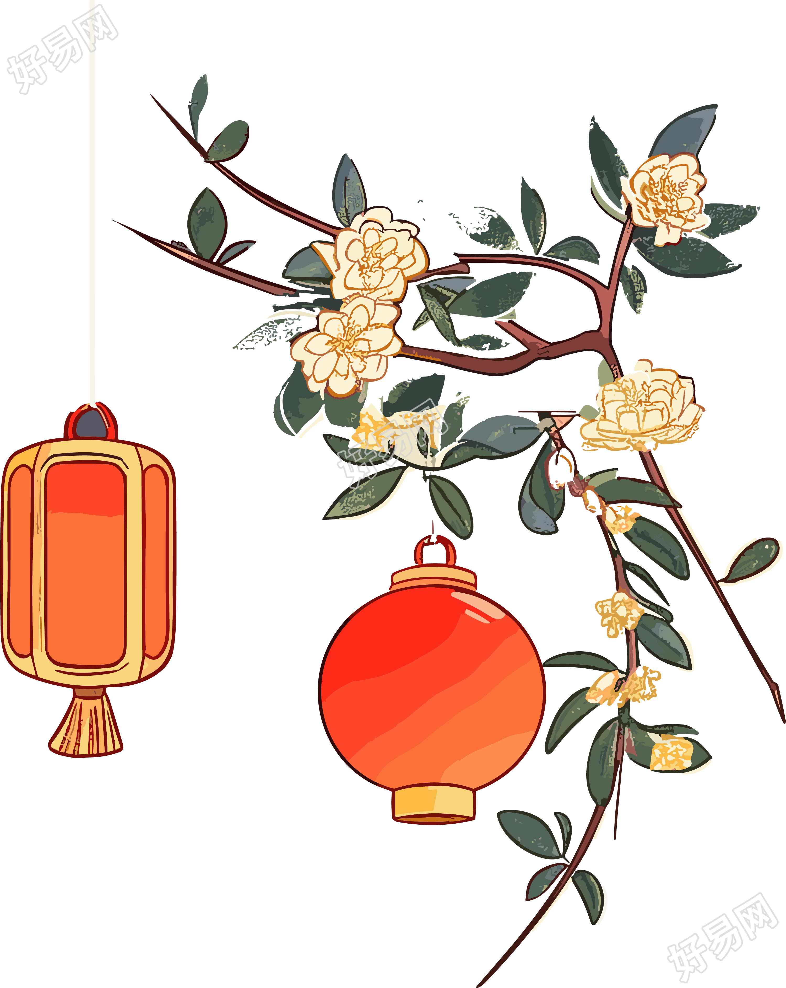手绘红灯笼与鲜花插画