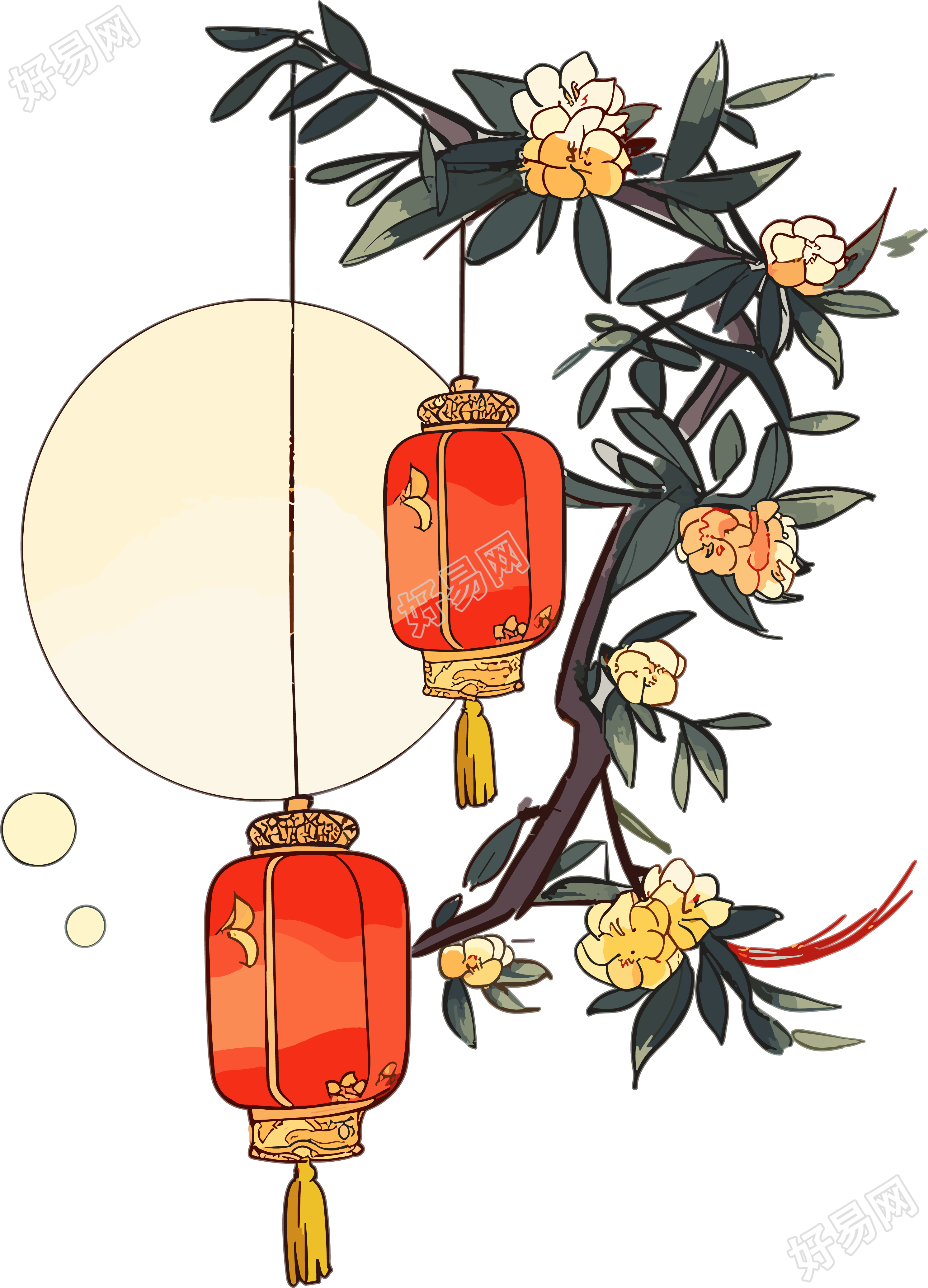 中秋节圆月红灯笼插画