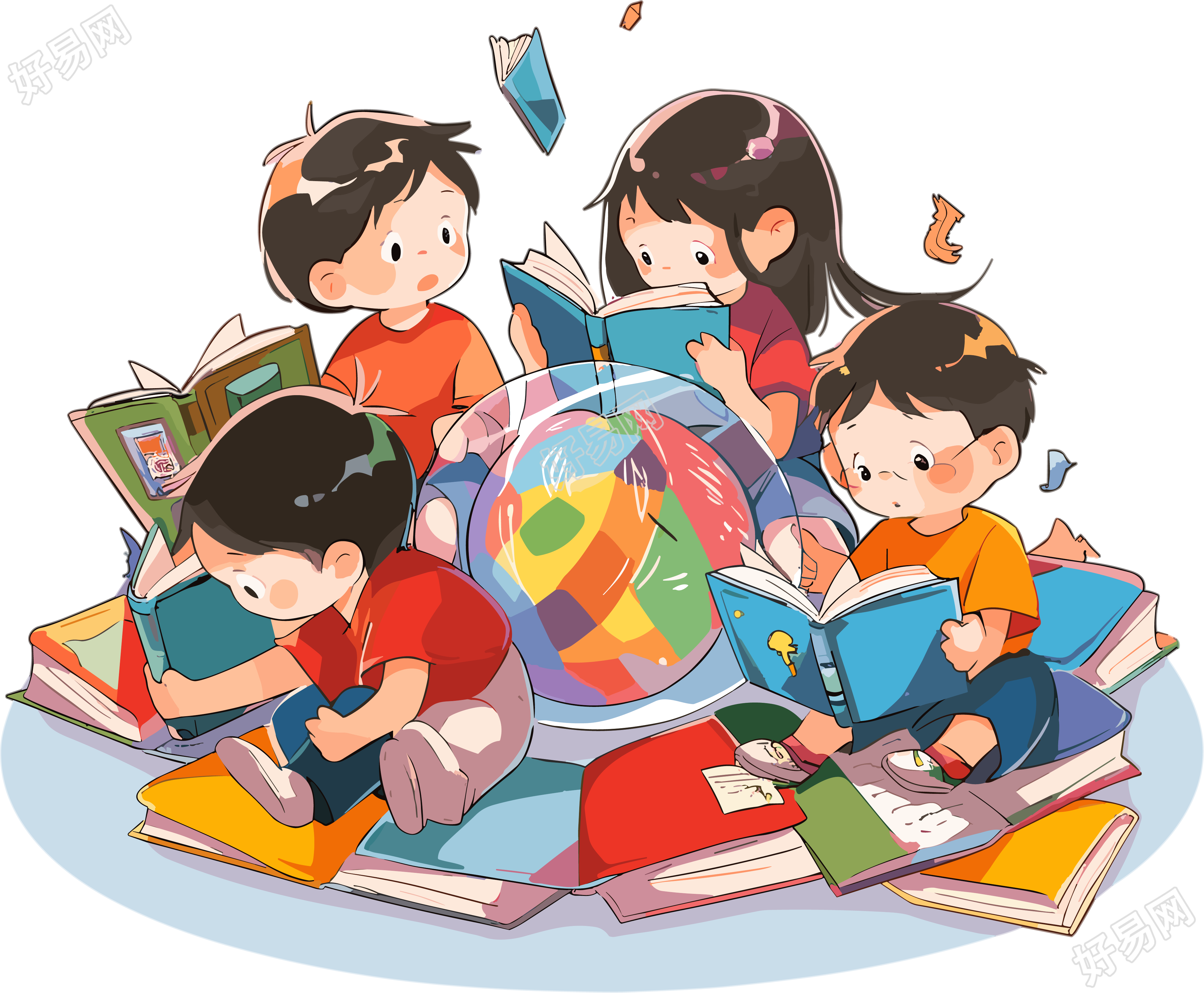 漫画艺术风格的中国孩子在角落里读书