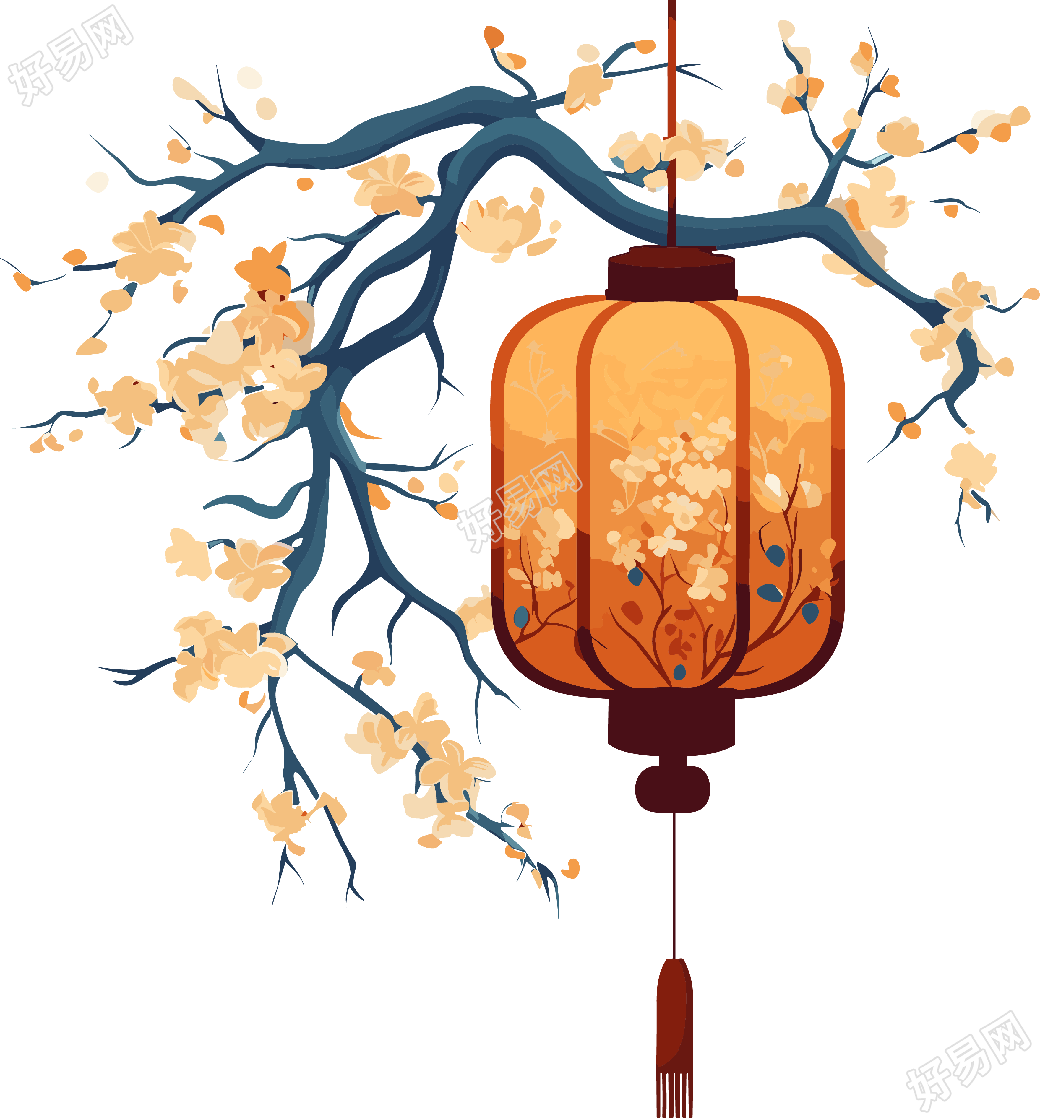 树枝上挂着的中国灯笼插画