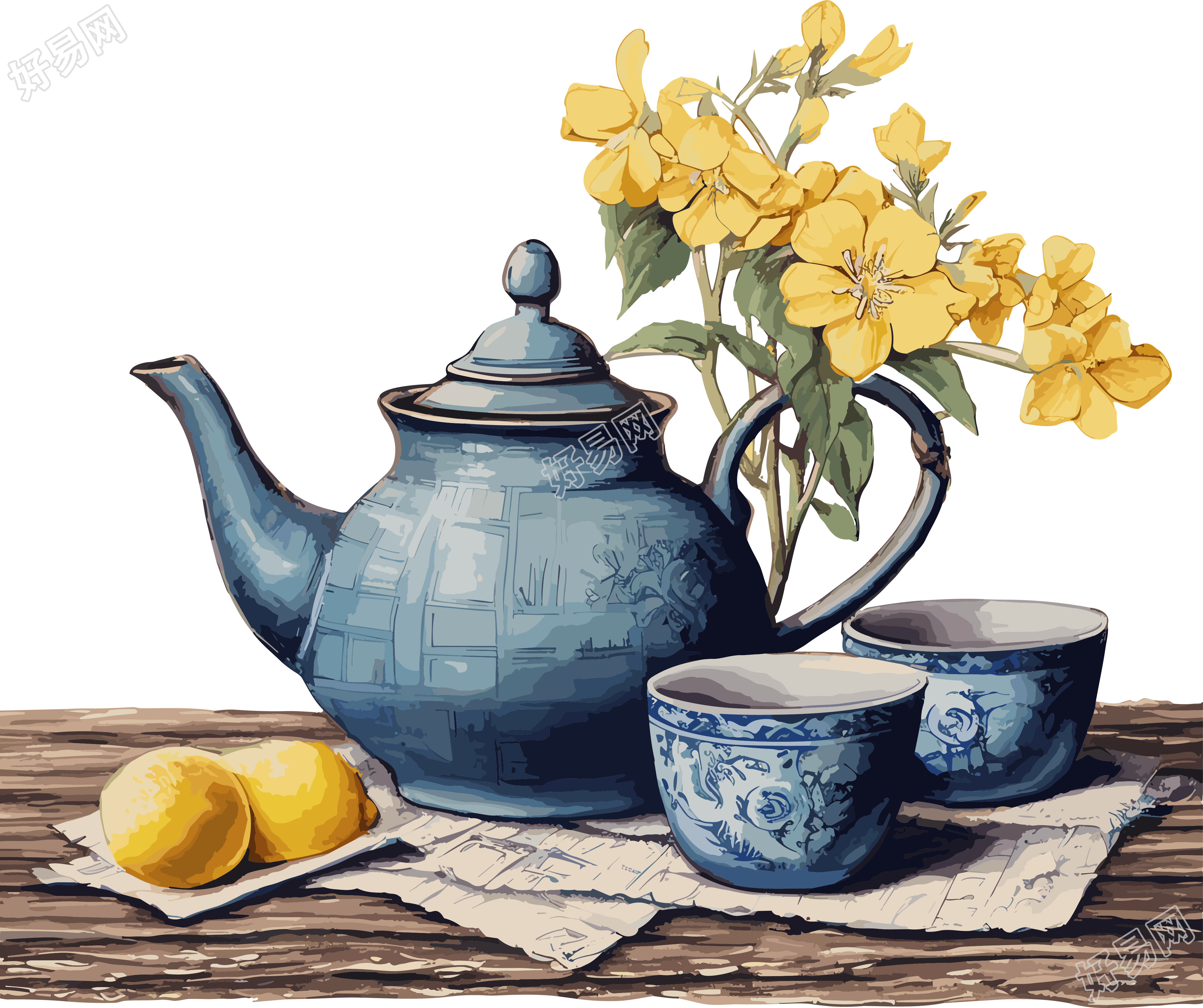 传统风格水墨画茶具插画
