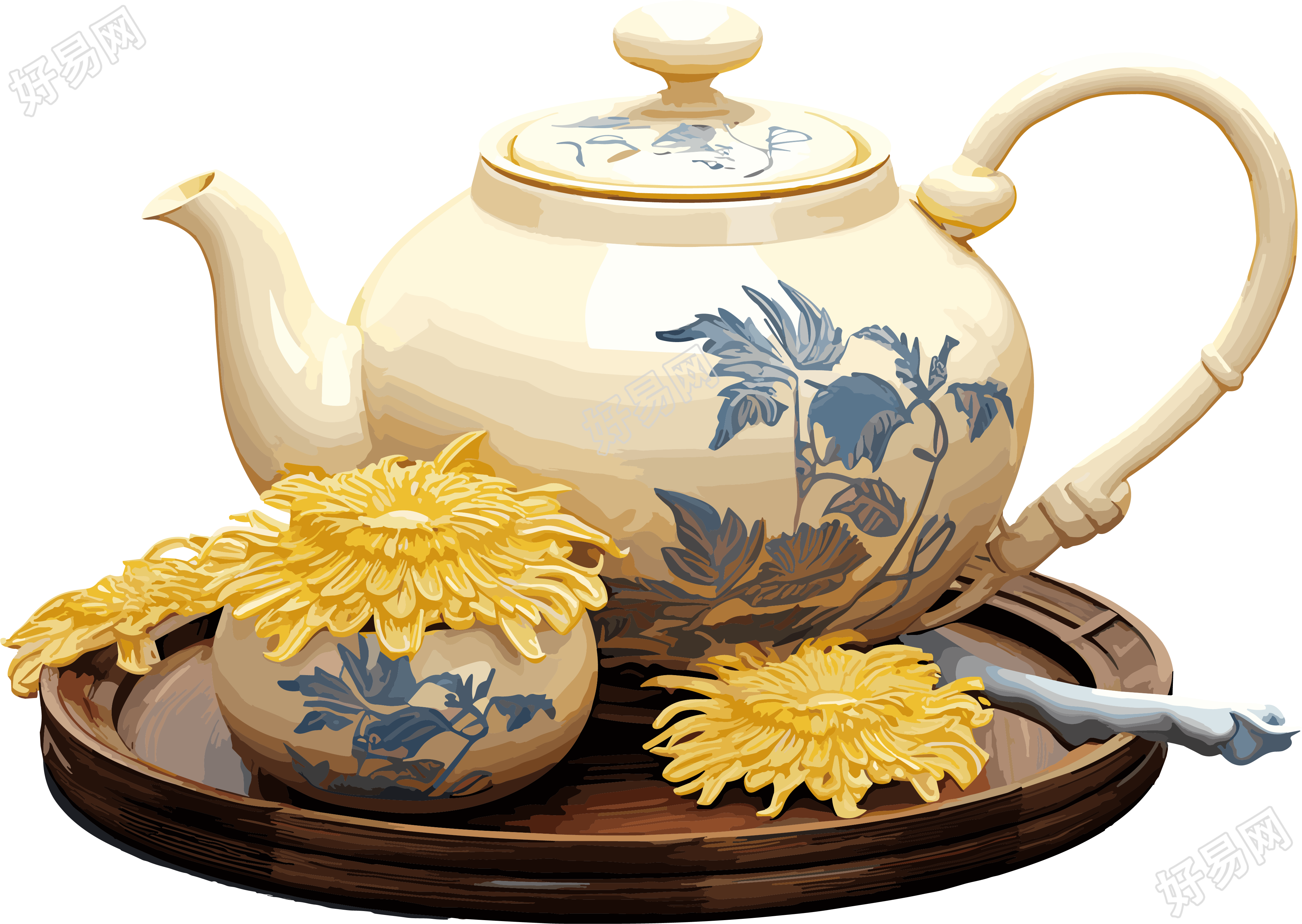 画满花卉的茶壶插画元素